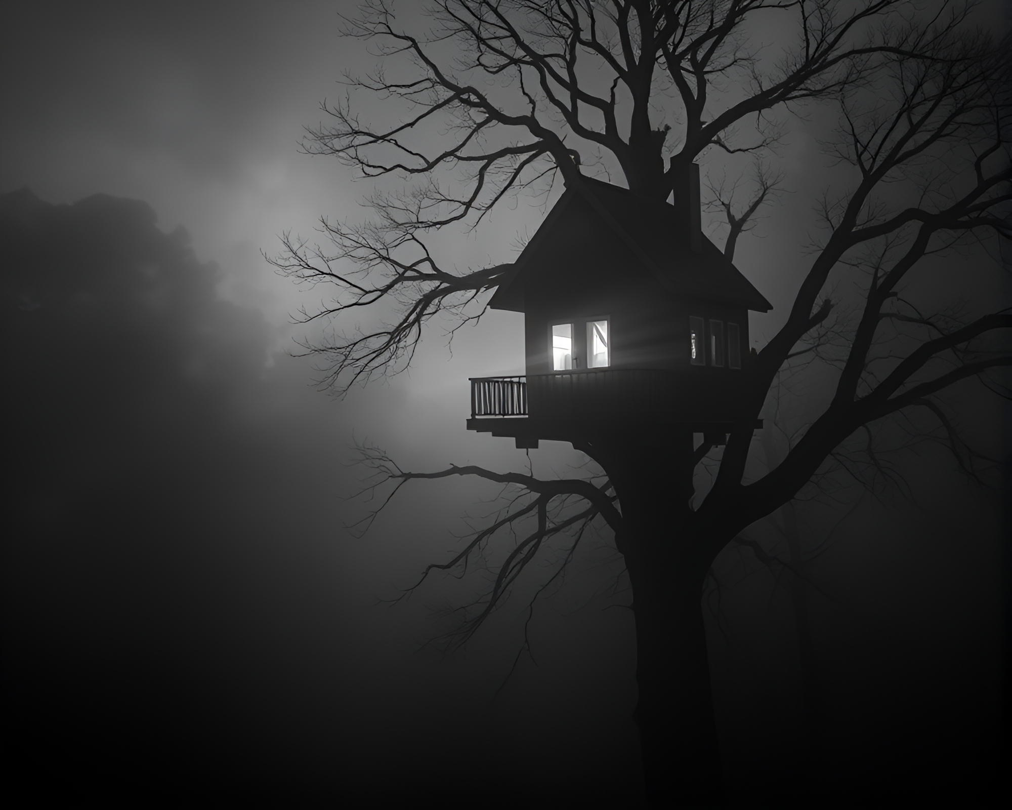 Fog-Drifting Treehouse Illuminated by Mosaic Lighting – free AI stock image