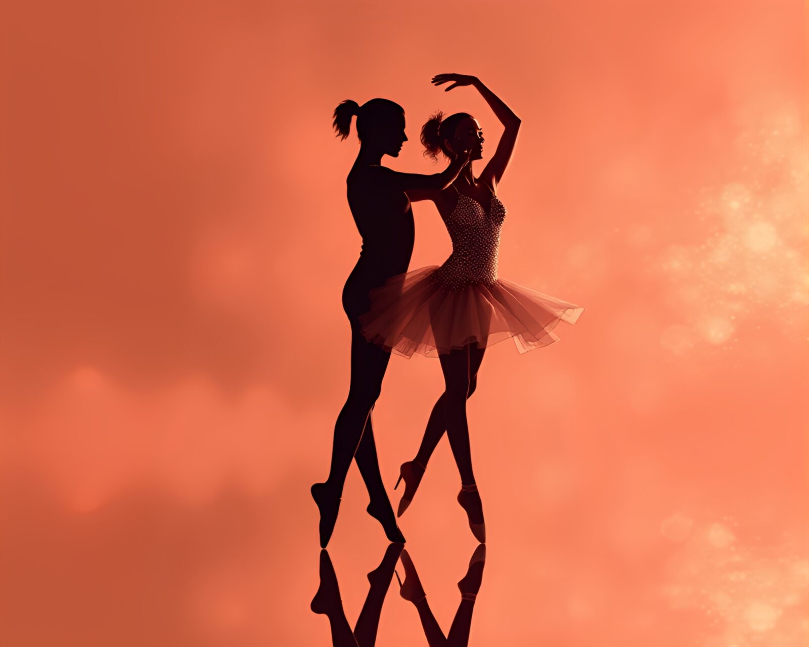 Illustration of two ballet dancers reflected in rose gold hues