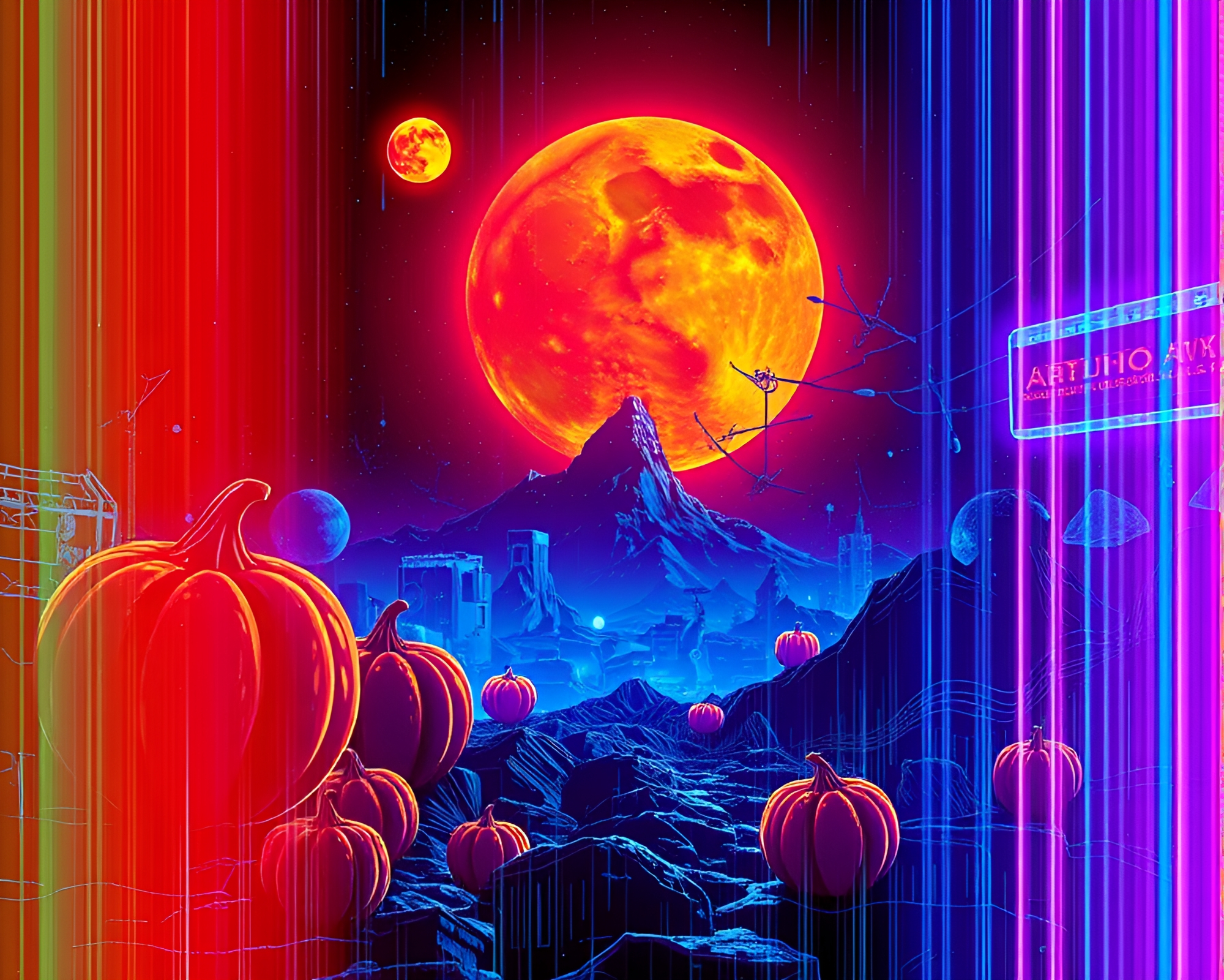 Synthwave Pumpkin Pie Picnic with Digital Noise Distortions – free AI stock image