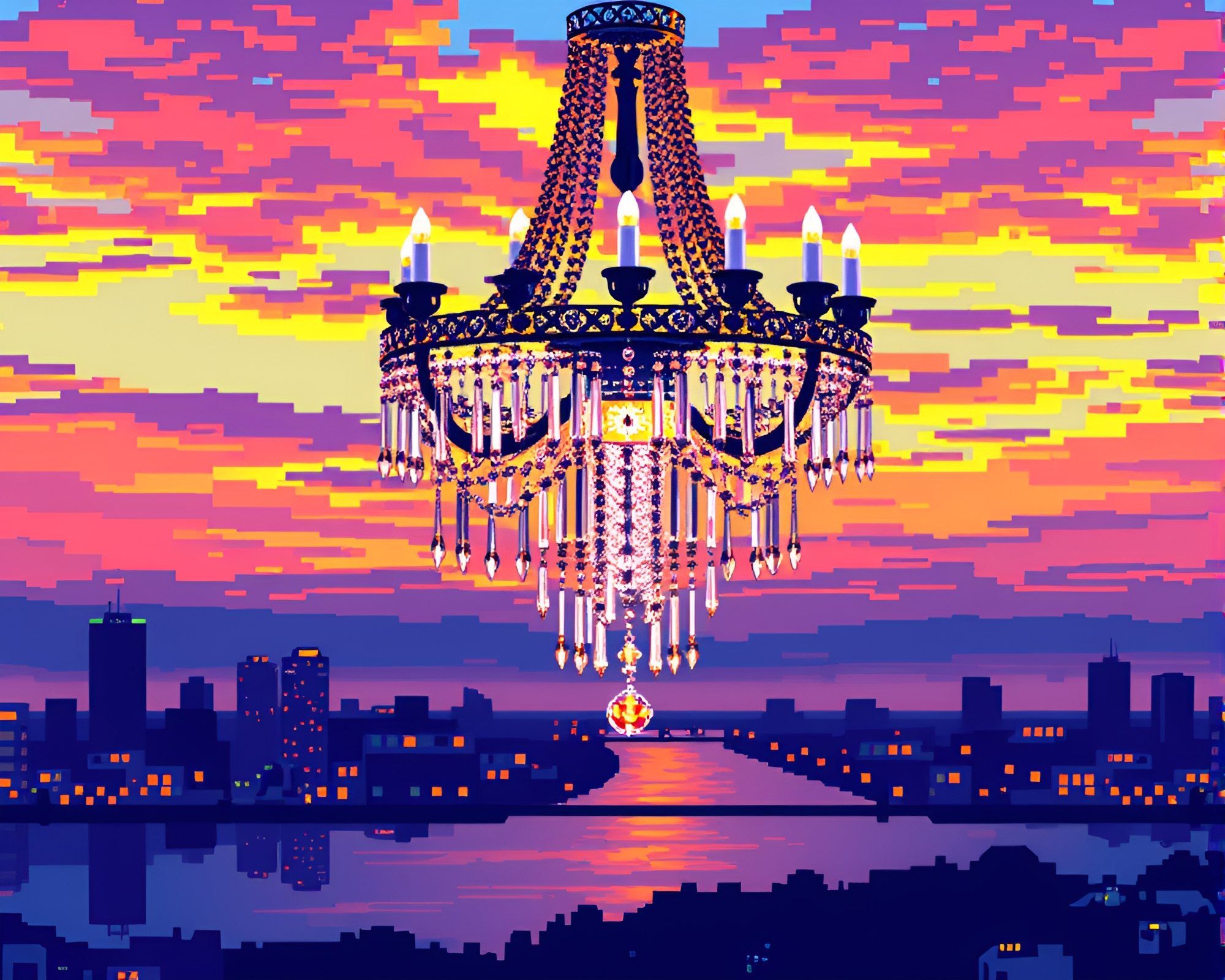 Pixelated Sunset Skyline with Crystal Chandelier Kinetic Art – free AI stock image