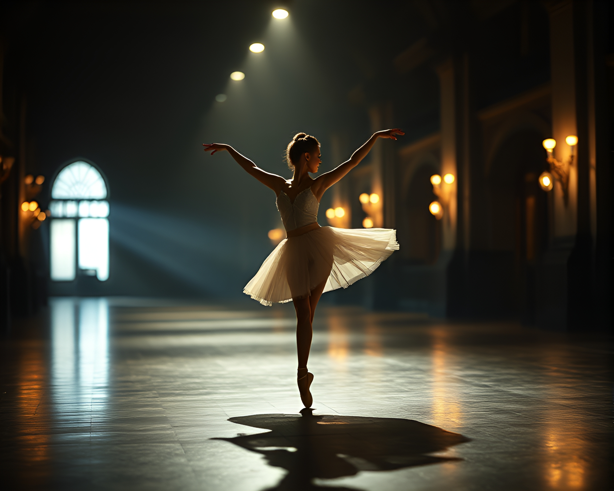 Ballet dancer gracefully poised amidst ambient lighting – free AI stock image