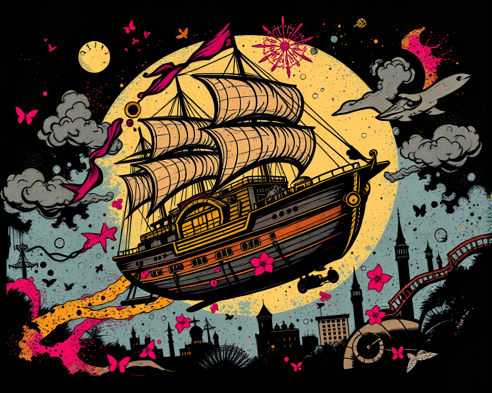 Steampunk Shadow Play: Airship Graffiti Tattoo Art – free AI stock image
