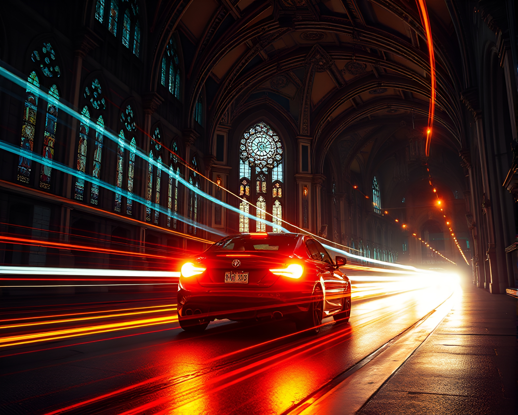 Futuristic Steampunk Robot Light Trails Cathedral Scene – free AI stock image