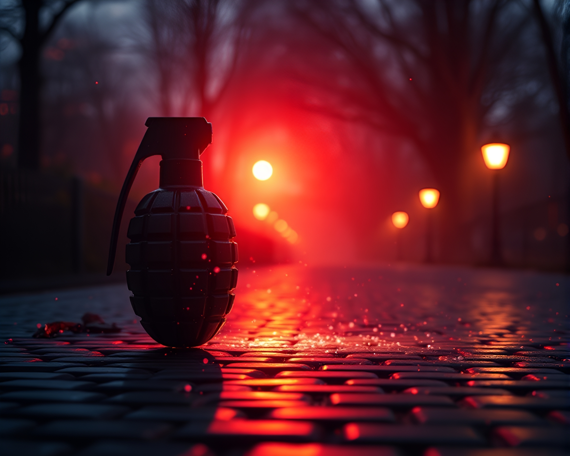 Antimatter Grenade Explosion on Cobblestone Path Silhouette – free AI stock image