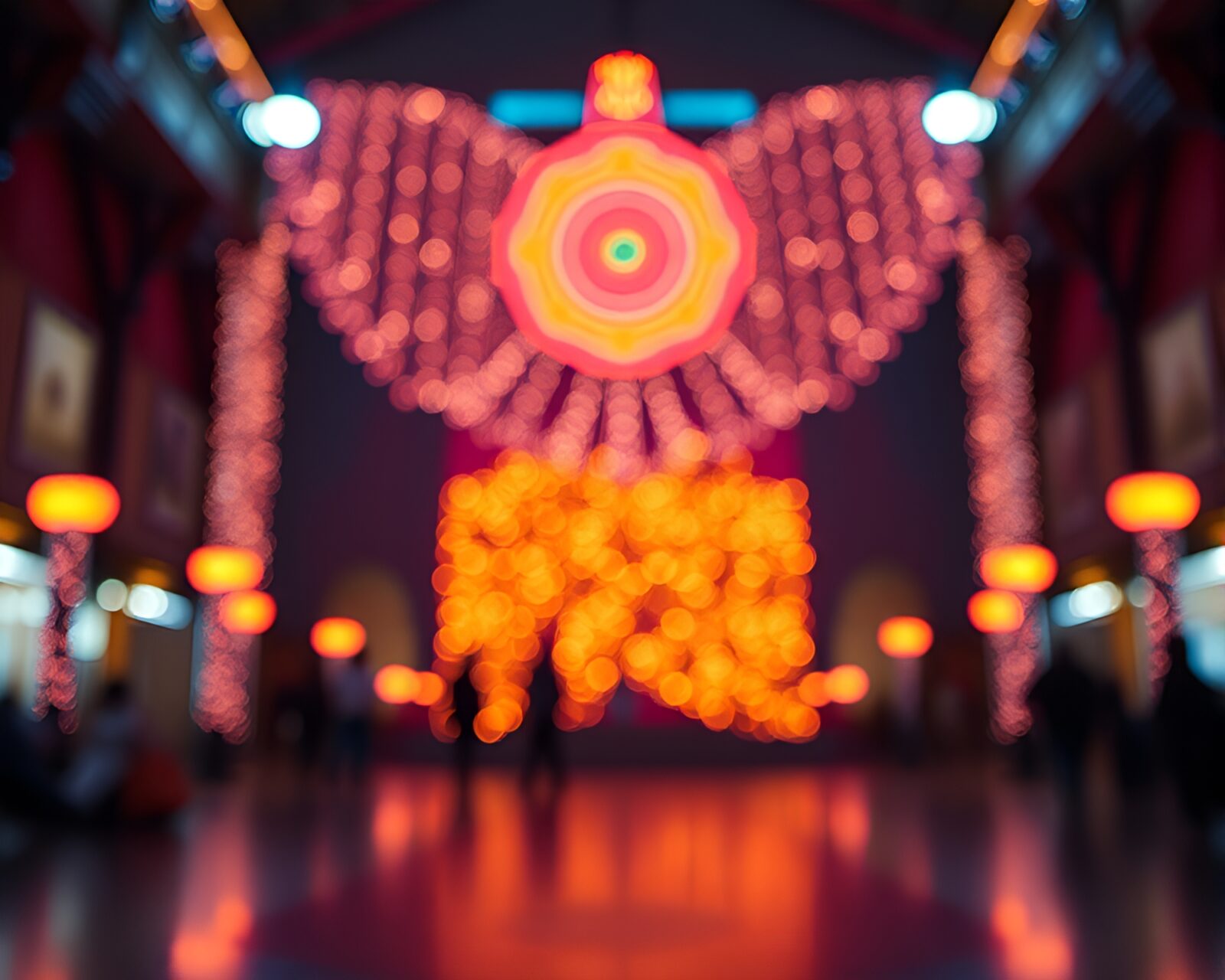 A mystical golem glowing under neon lights in cityscape