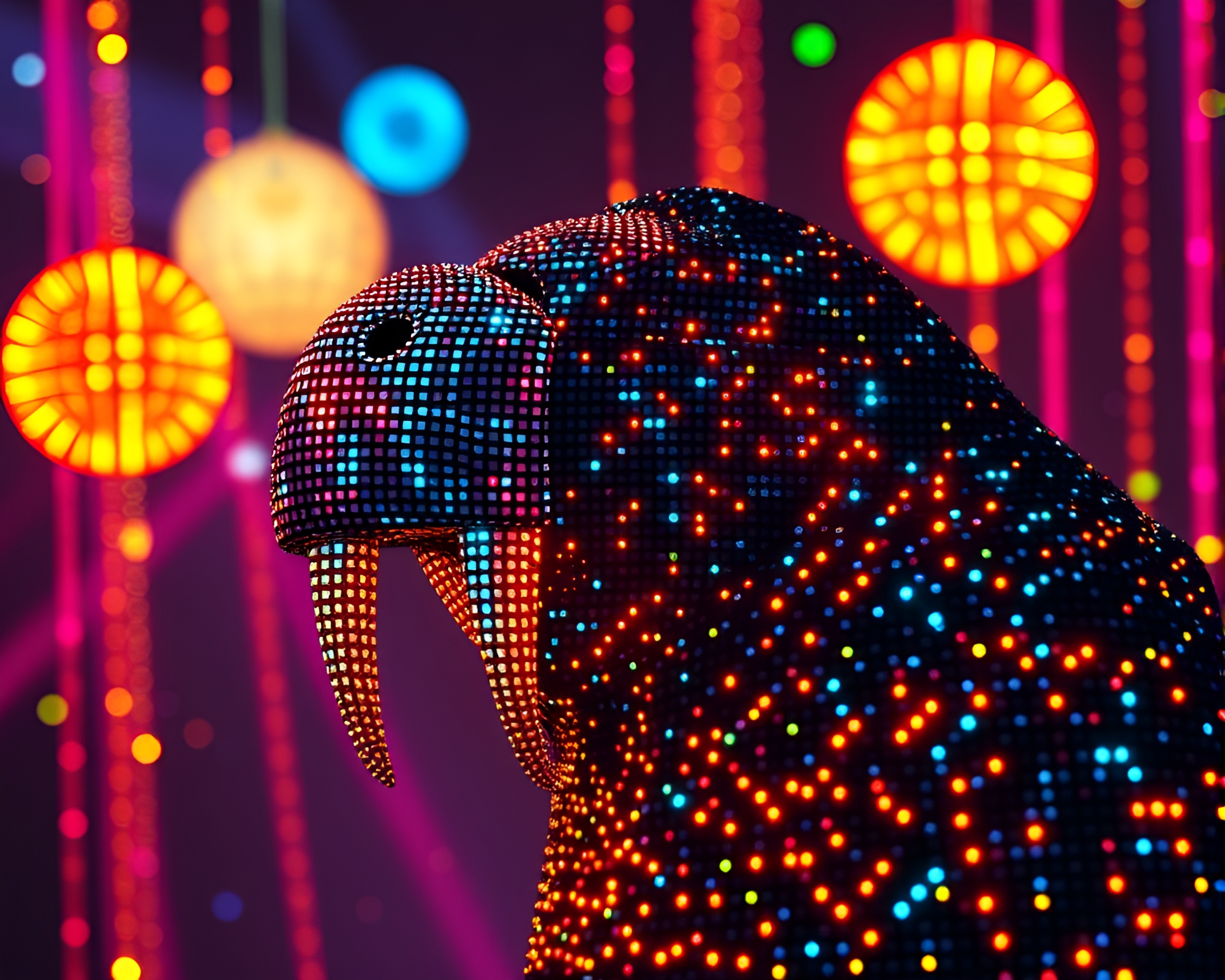 Dadaist Disco Walrus LED Pixel Art Composition – free AI stock image