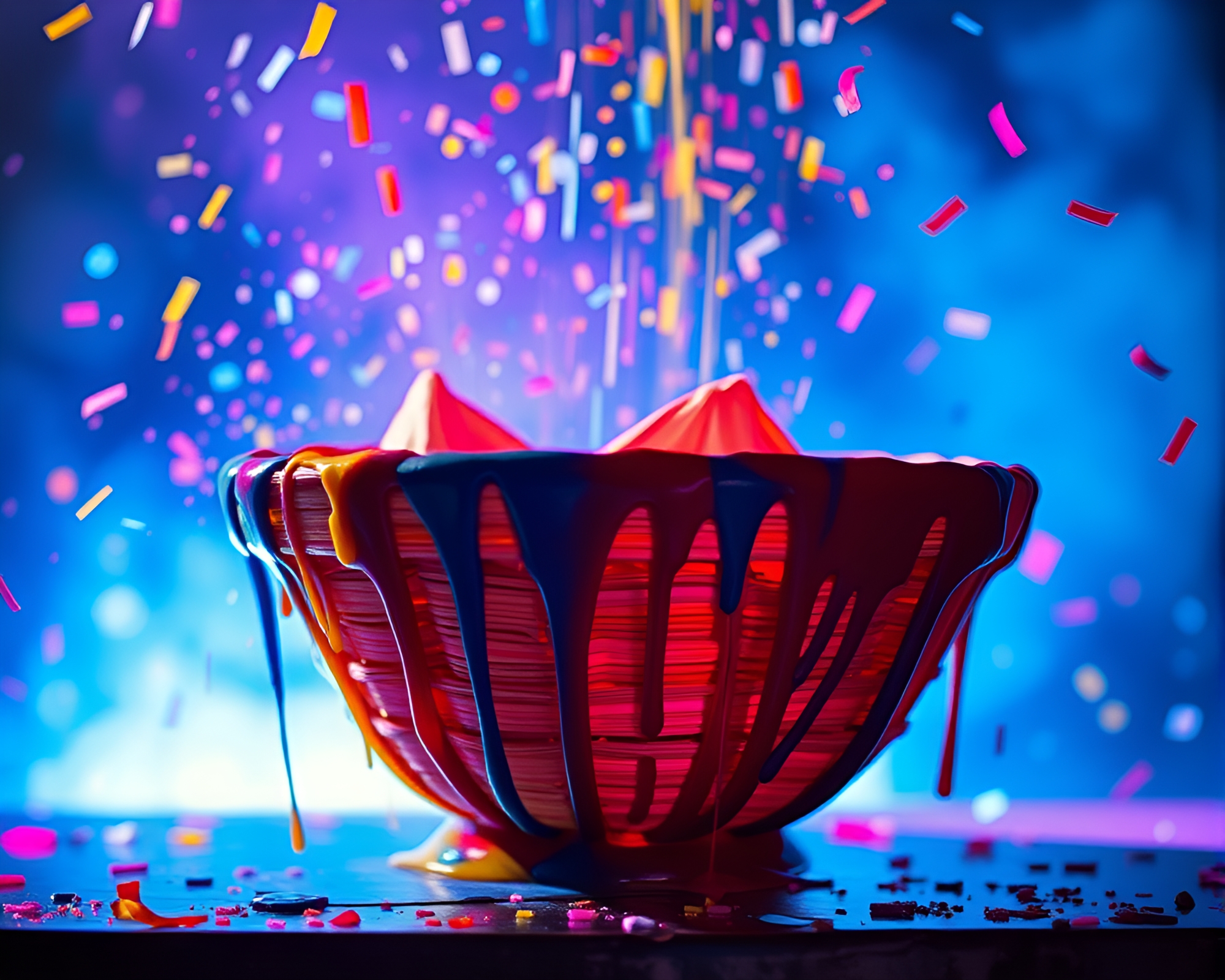 Spray Paint Drips on Dim Sum Basket with Confetti Burst – free AI stock image