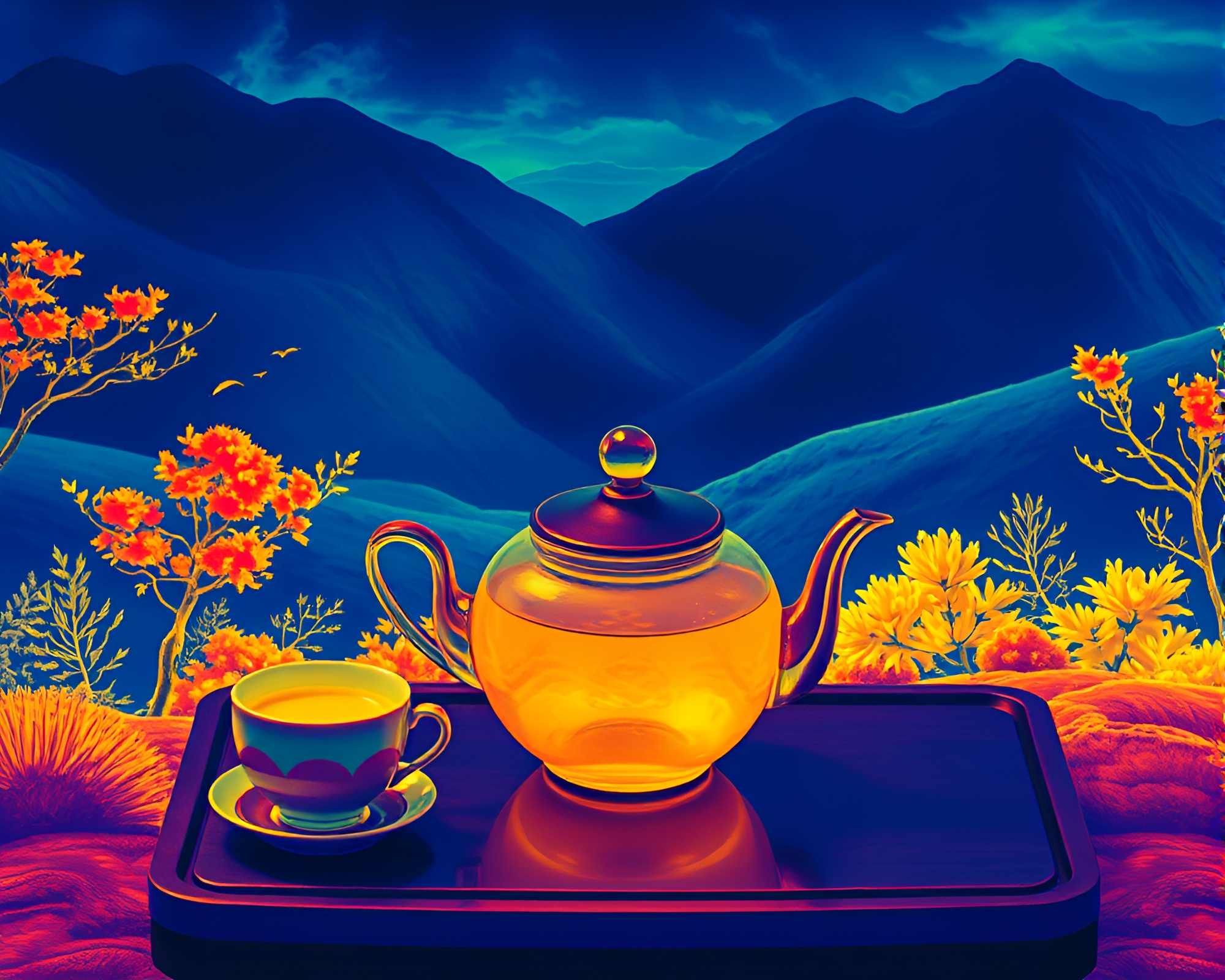 Surreal Tea Set seen from Above in Thermal Colors – free AI stock image