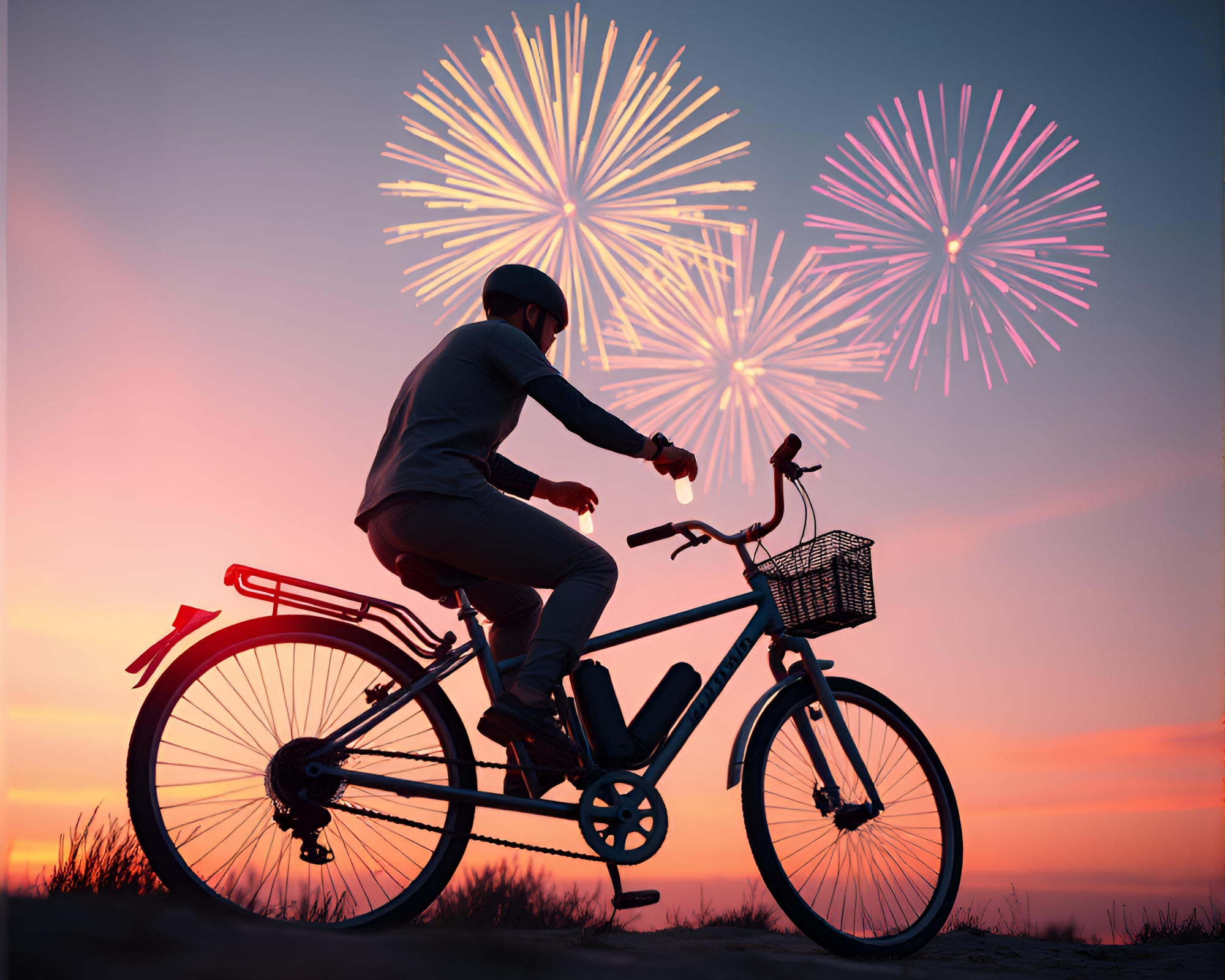 Solar-Powered Bike Surrounded by Wireframe Fireworks at Sunrise – free AI stock image