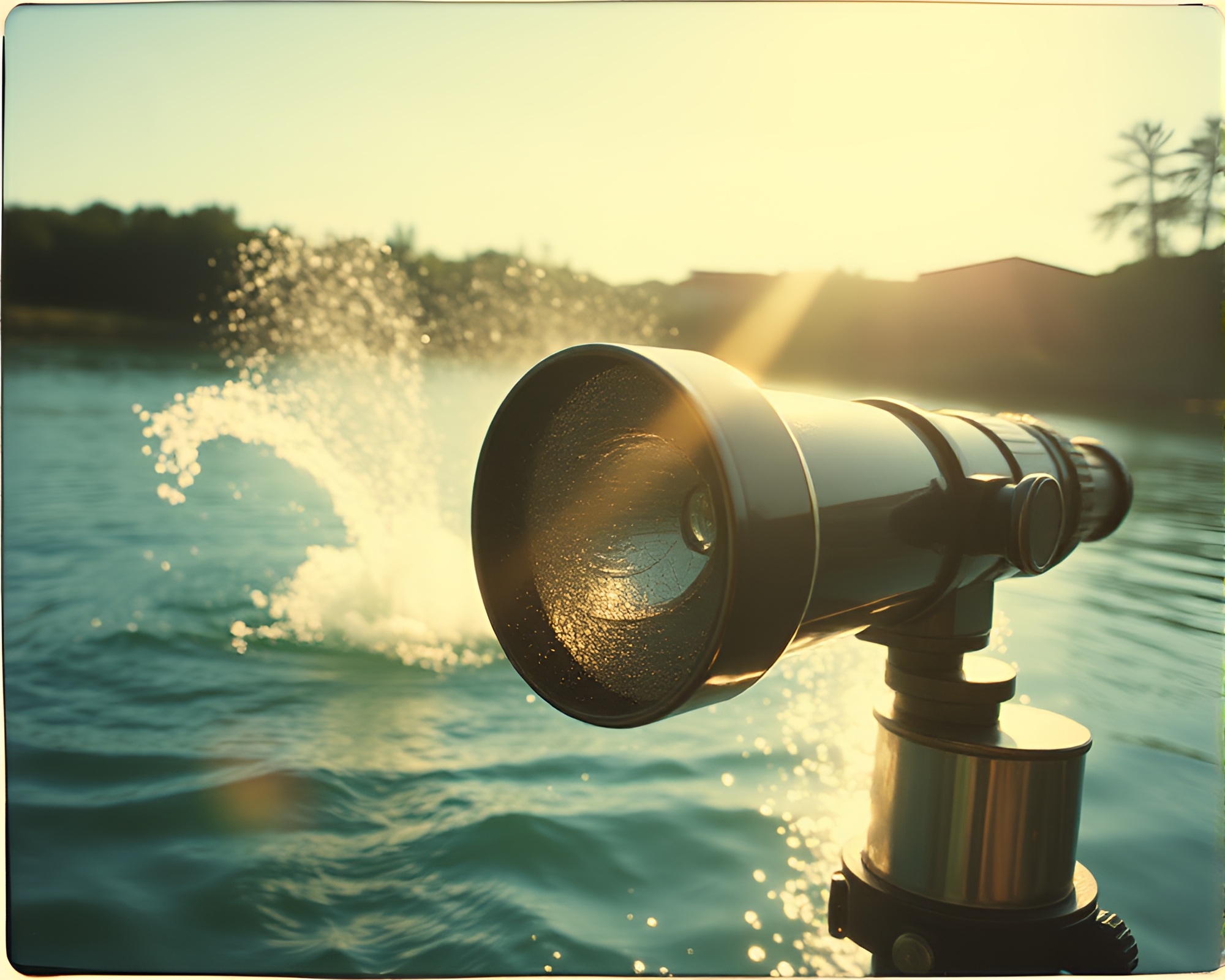 Vintage Telescope Observing Water Whirlpool Through Lens Flare – free AI stock image