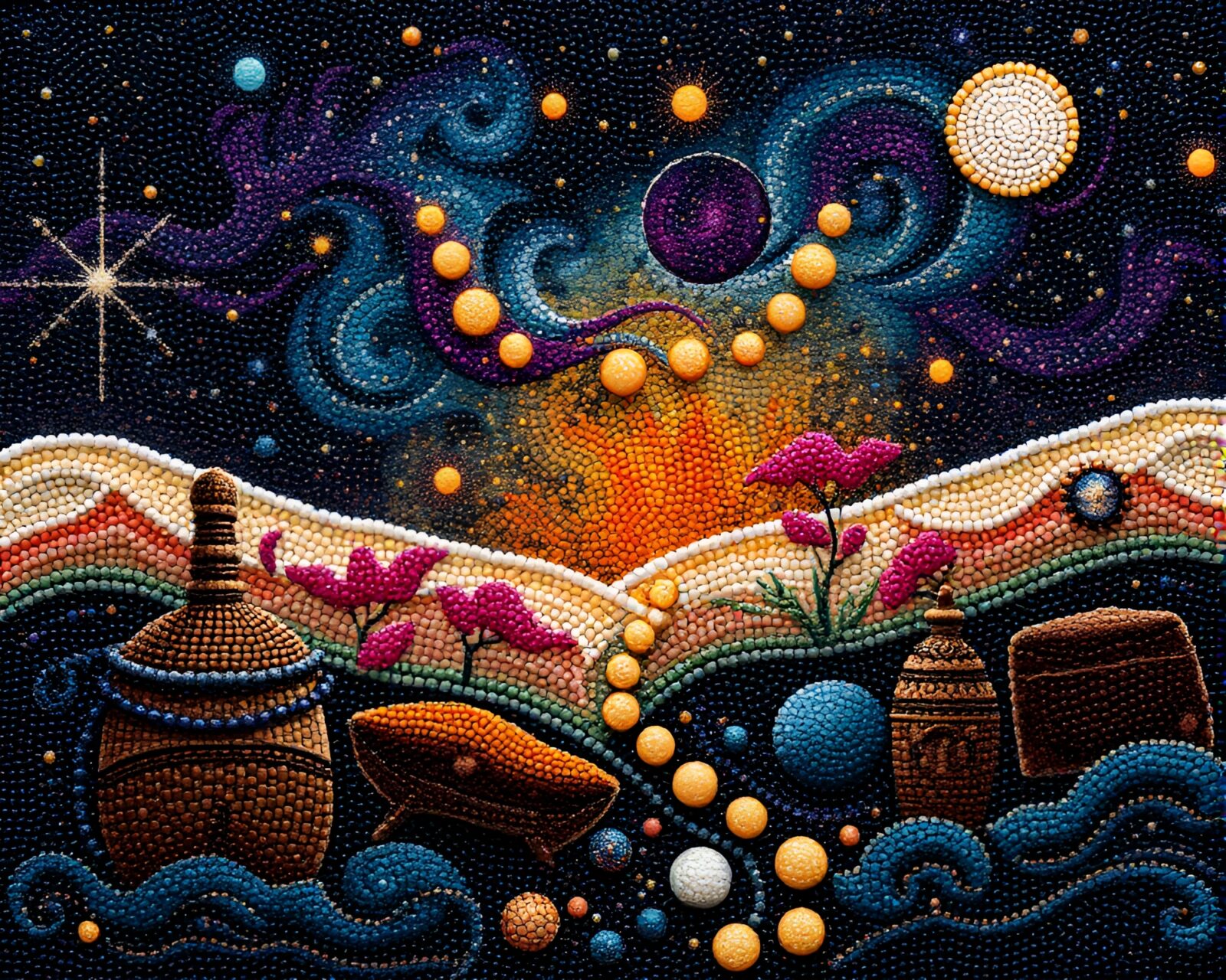 Abstract cosmic dust palette masterpiece with intricate beadwork accents