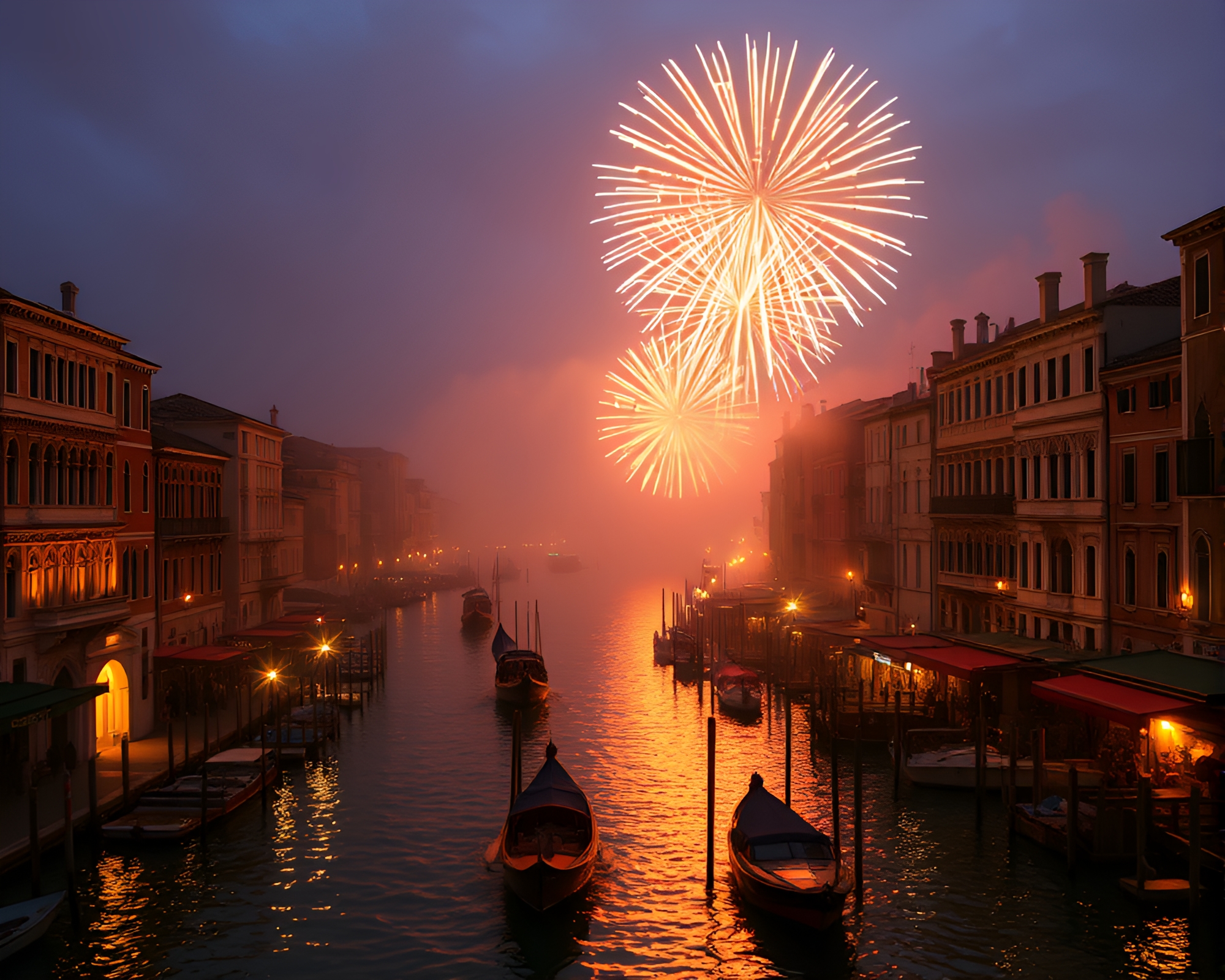 Venetian Canal Fireworks Burst at Golden Hour – free AI stock image