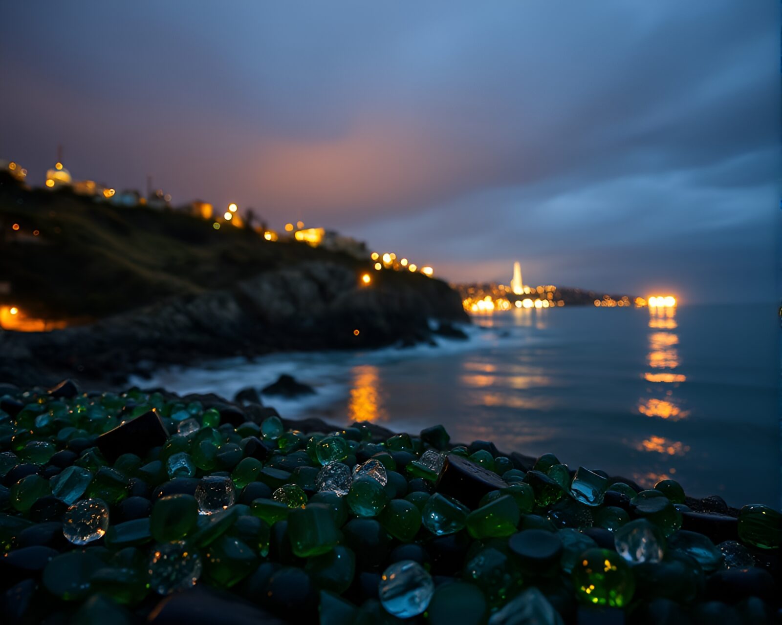 Shimmering glass beads on a bio-organic cliff at night