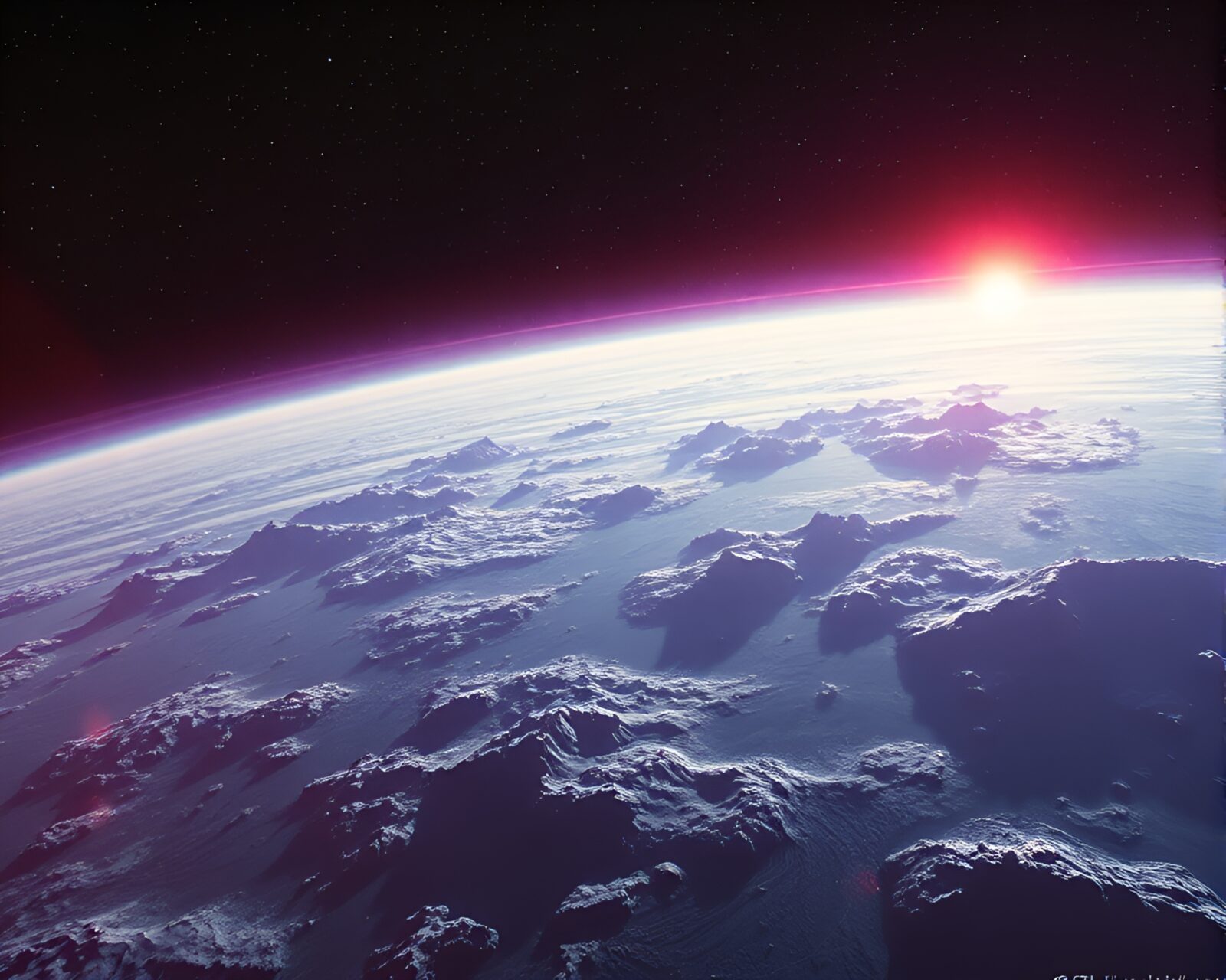 Futuristic satellite scanning vibrant, liquid metal landscape from above.