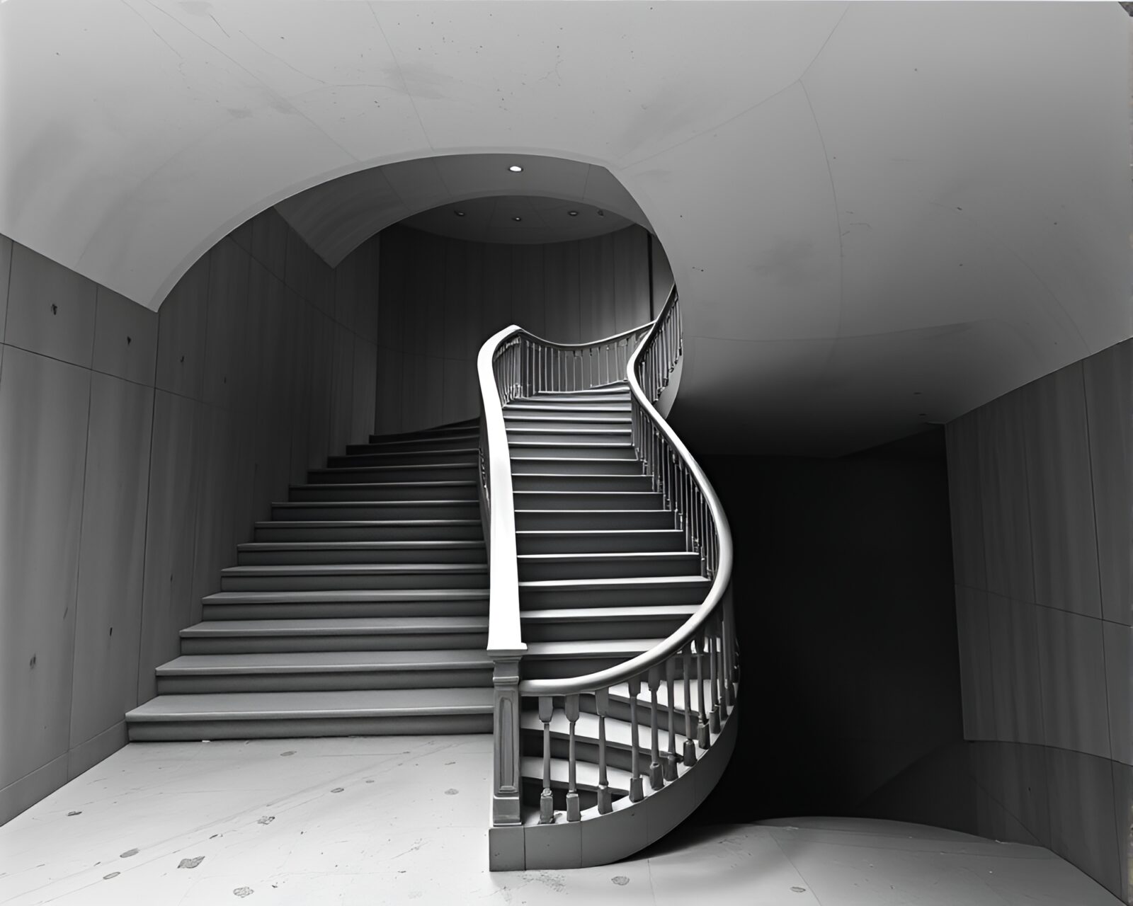 A surreal, off-center staircase swirling in desaturated tones
