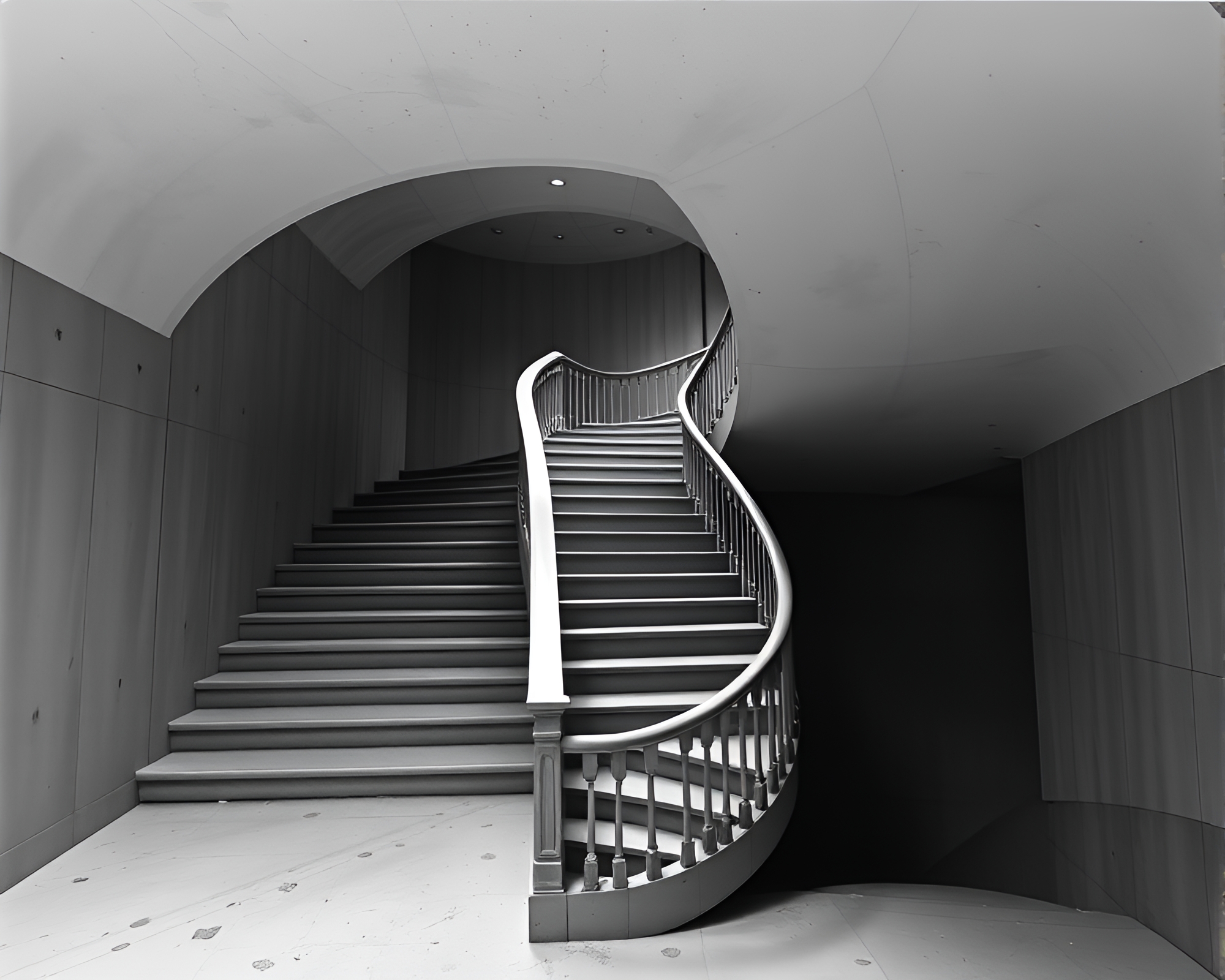 Ethereal Escher: Off-Center Staircase Spiral in Desaturated Gloom – free AI stock image