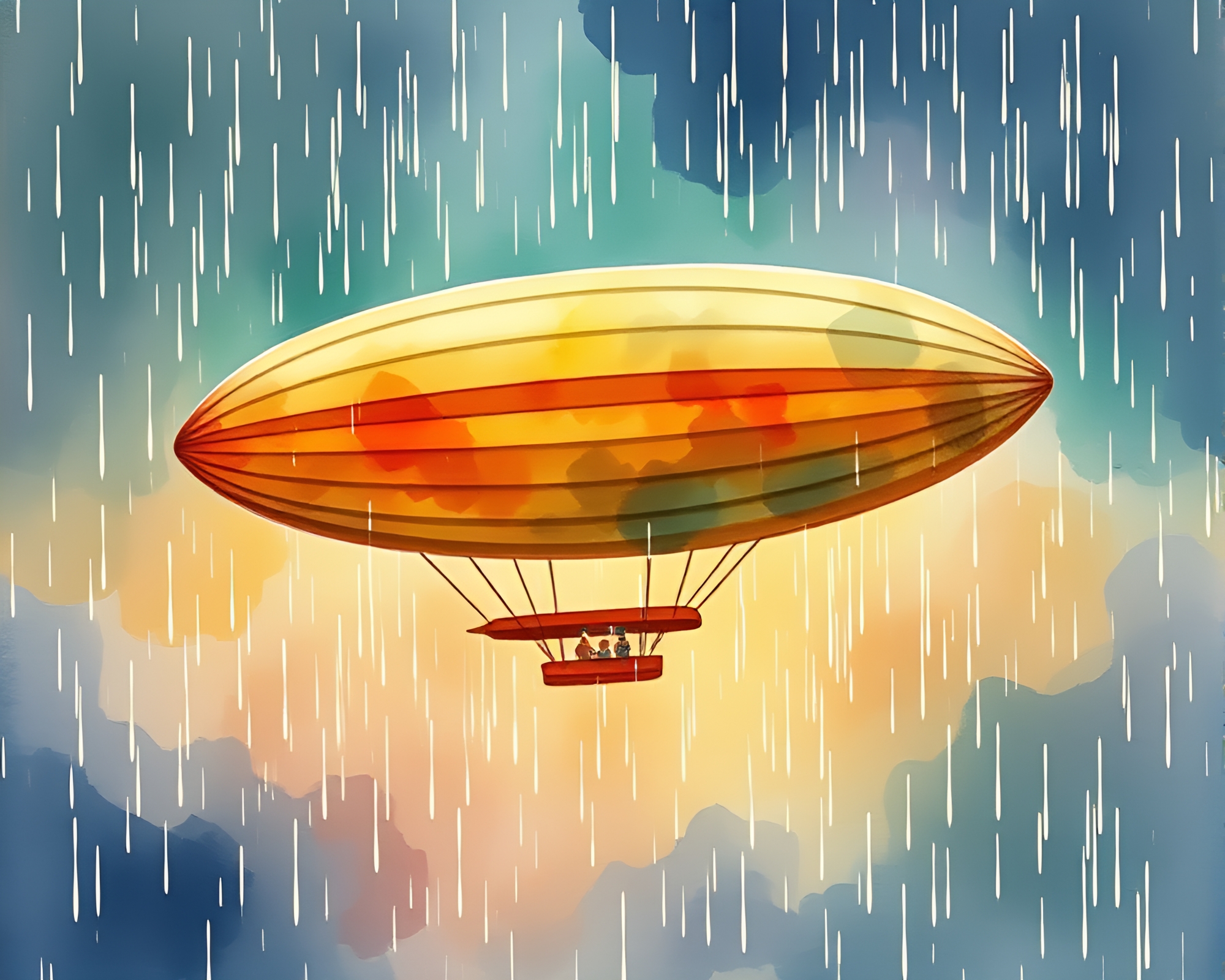 Cubist Zeppelin in Watercolor Rain Droplets Artwork – free AI stock image