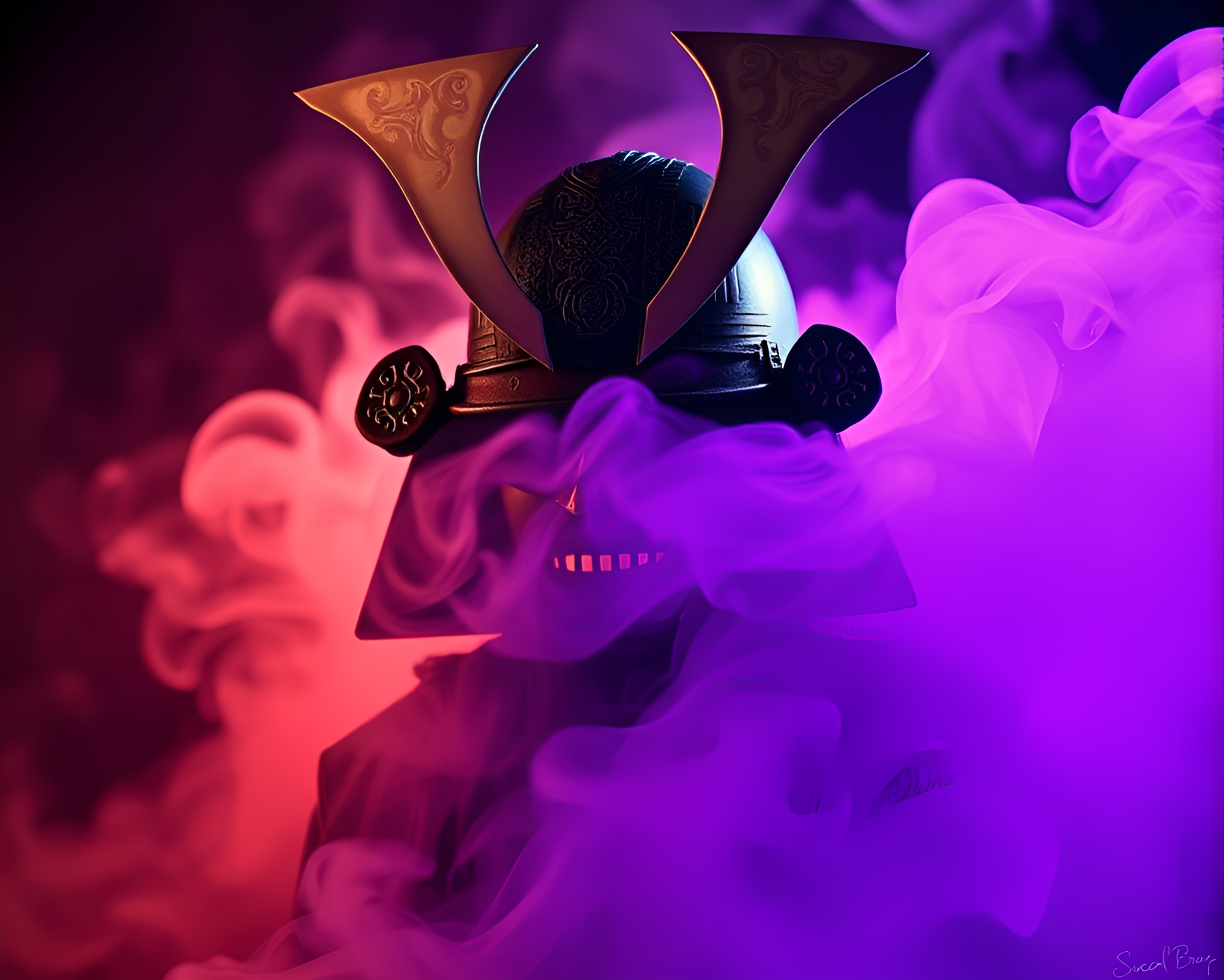 Samurai Helmet in Ultraviolet Smoke Plume Swirl – free AI stock image