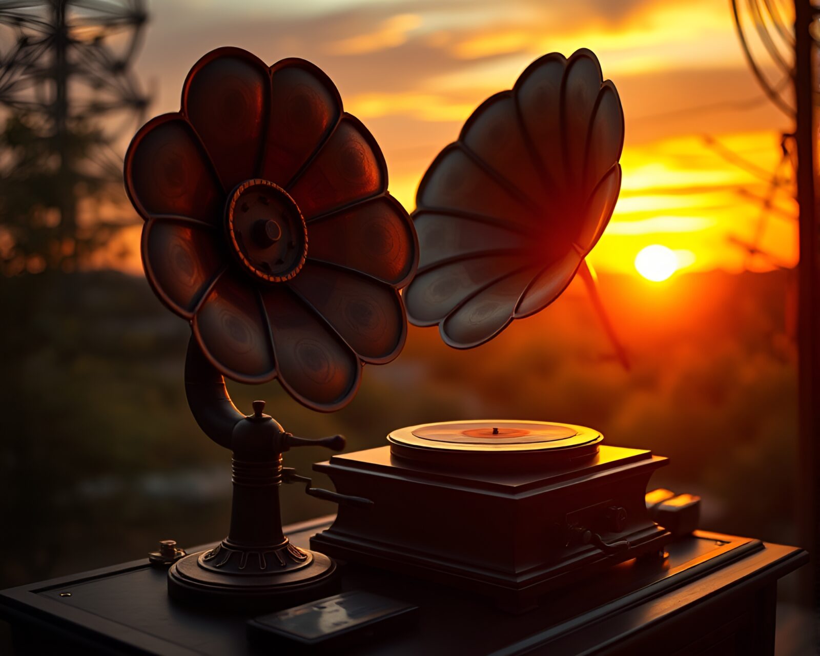 High-angle shot of a steampunk gramophone playing at sunset