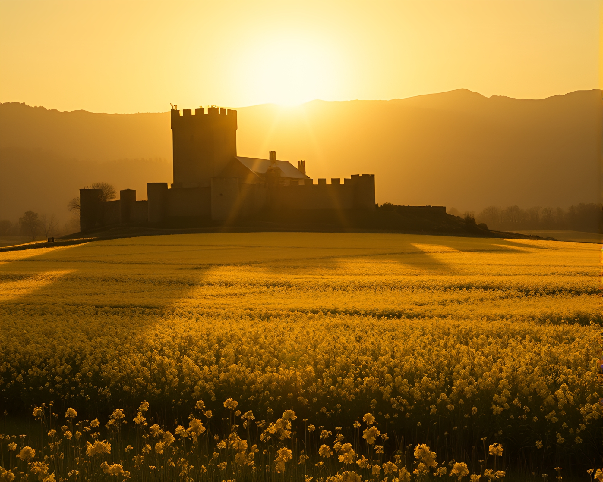 Monochrome Yellow Castle Bathed in Sun Glare – free AI stock image