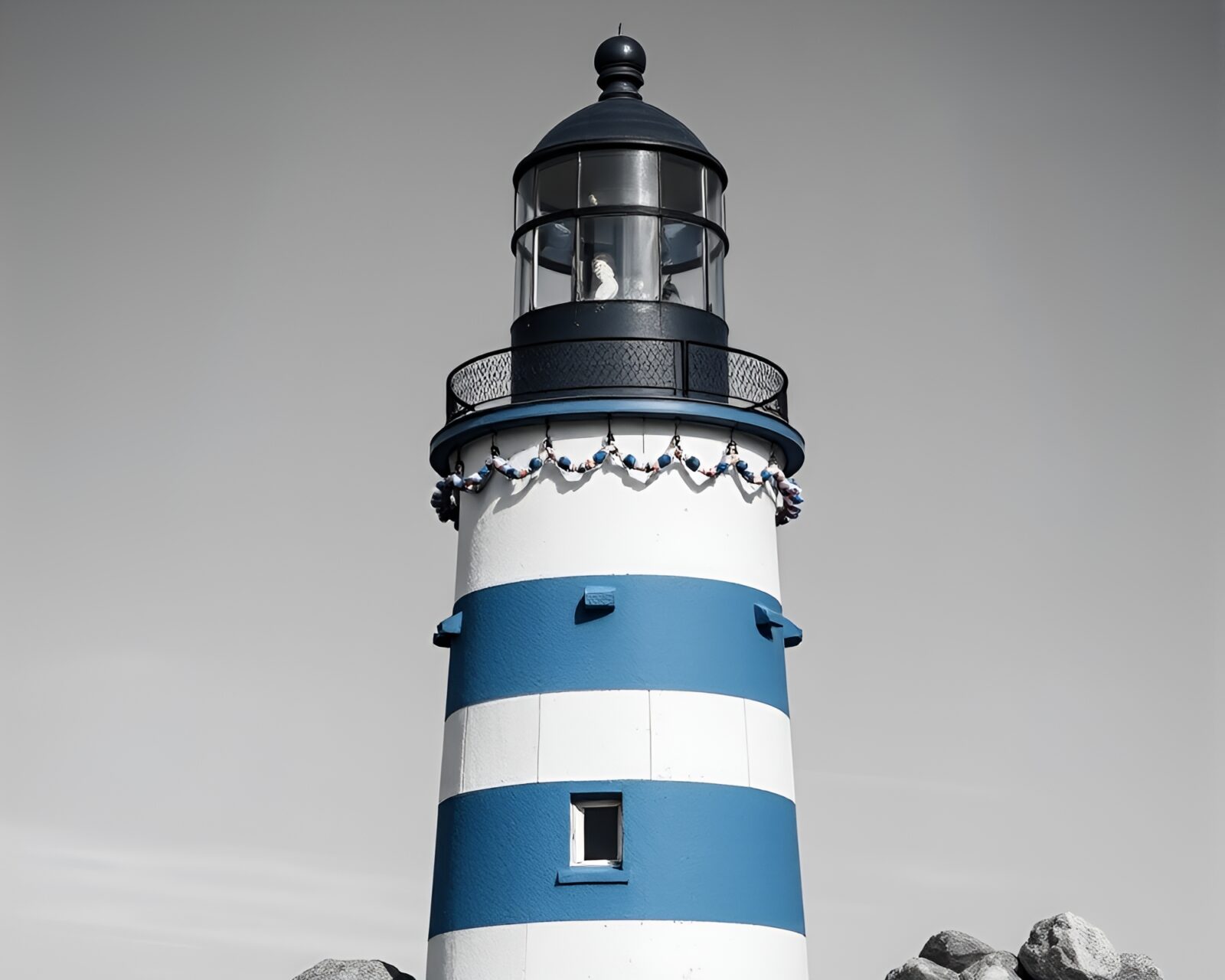 Grunge-style monochrome blue lighthouse with beadwork accents