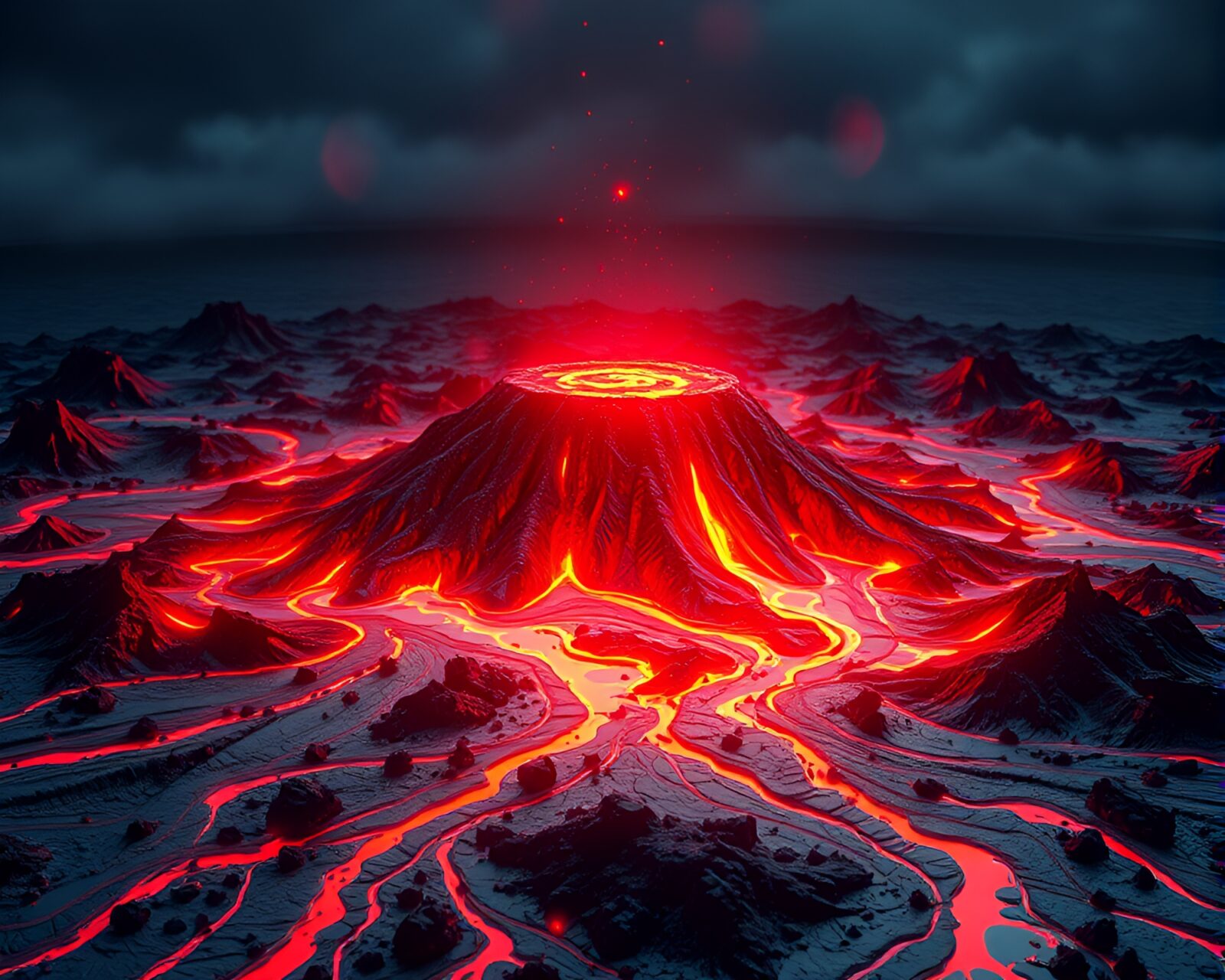 Vivid volcano-red glowing scene with dimensional oil slick colors