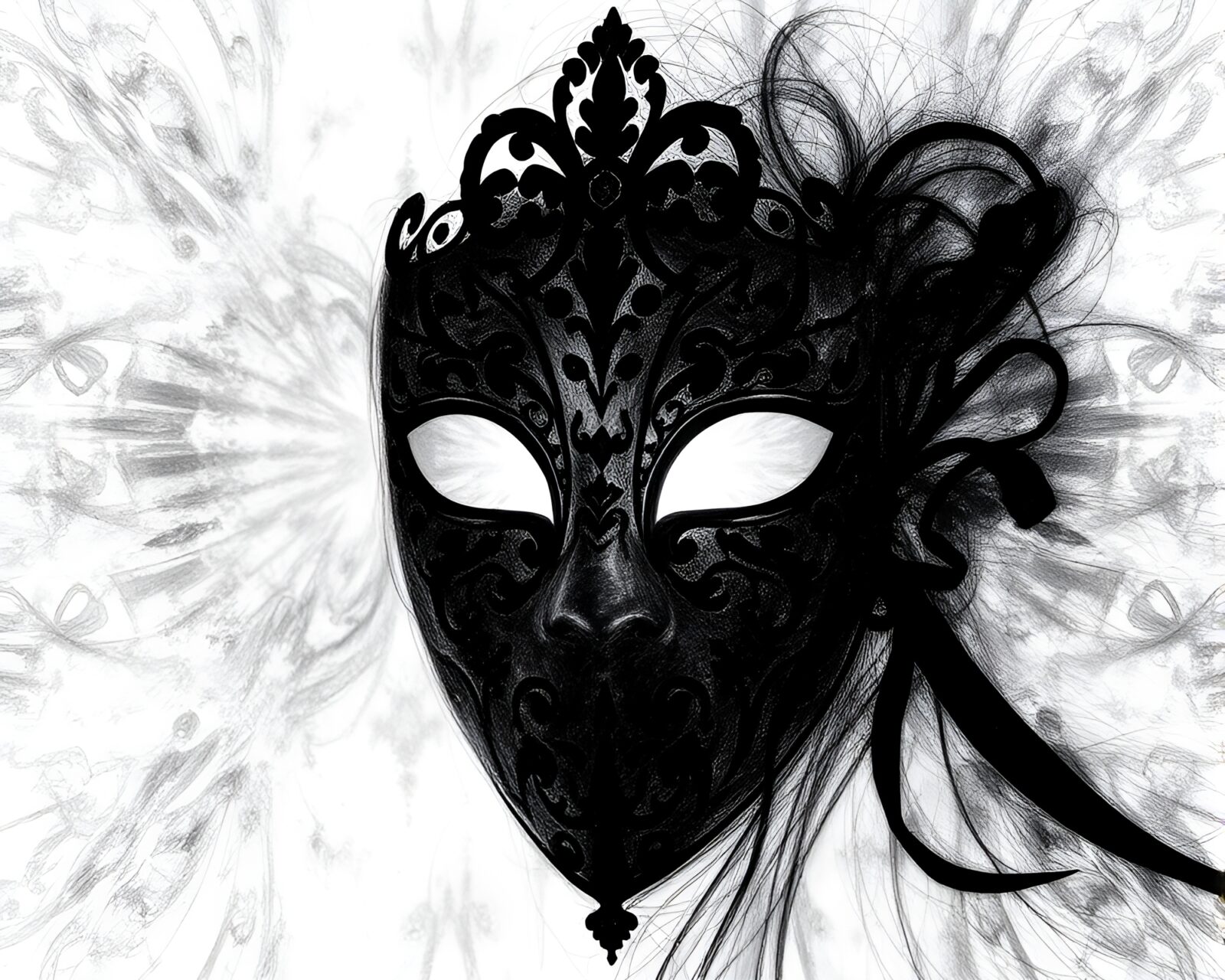 Ethereal pencil drawing of backlit Venetian mask silhouette with fractal overlay