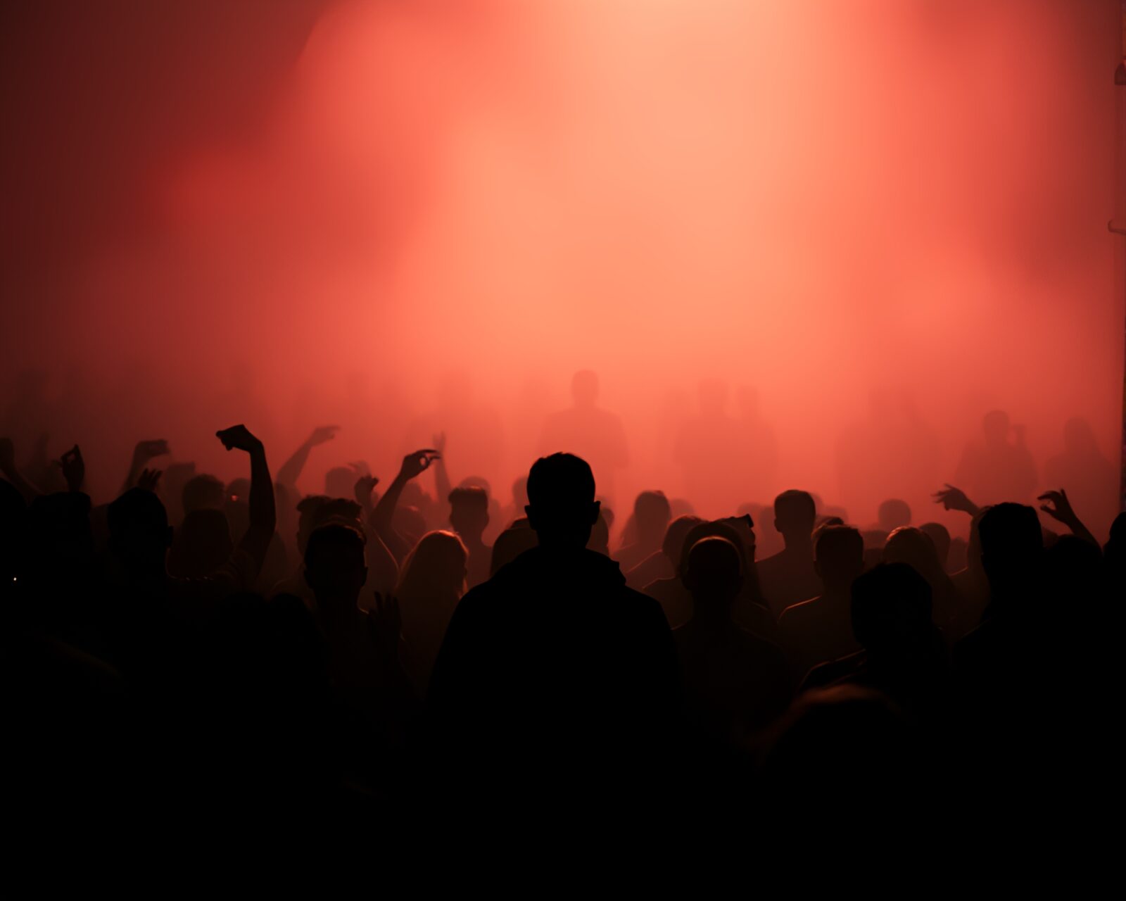 Dreamy holographic scene of silhouetted crowd in desert oasis