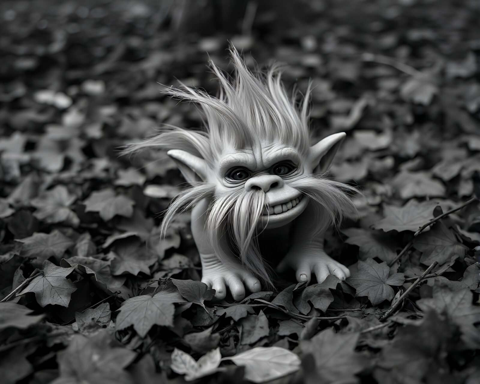 Mysterious troll nestled in grayscale forest floor foliage