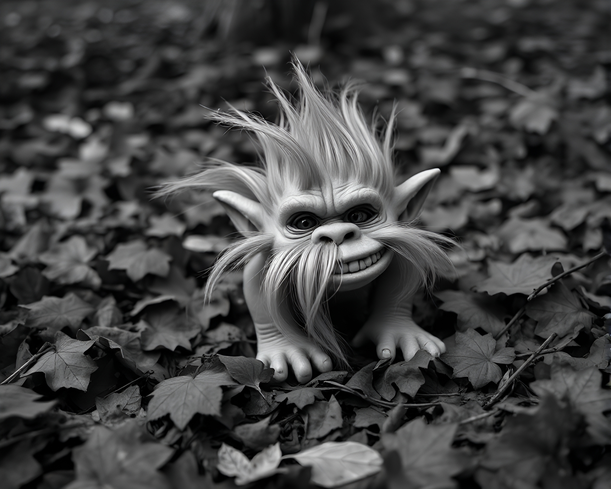 Enchanted Troll Among Monochrome Leaf Litter – free AI stock image