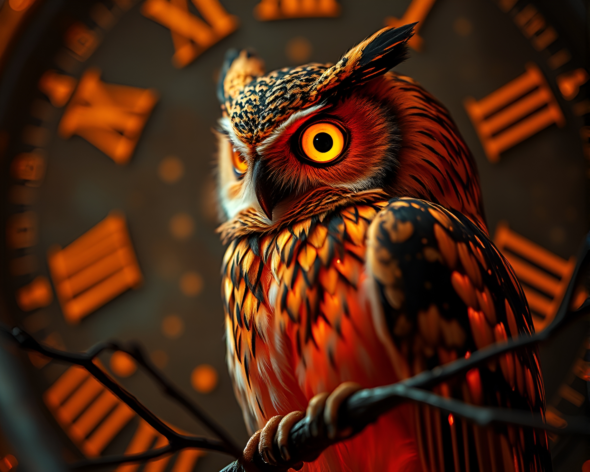 Clockwork Owl Bathed in Burnt Orange Thermal Light – free AI stock image