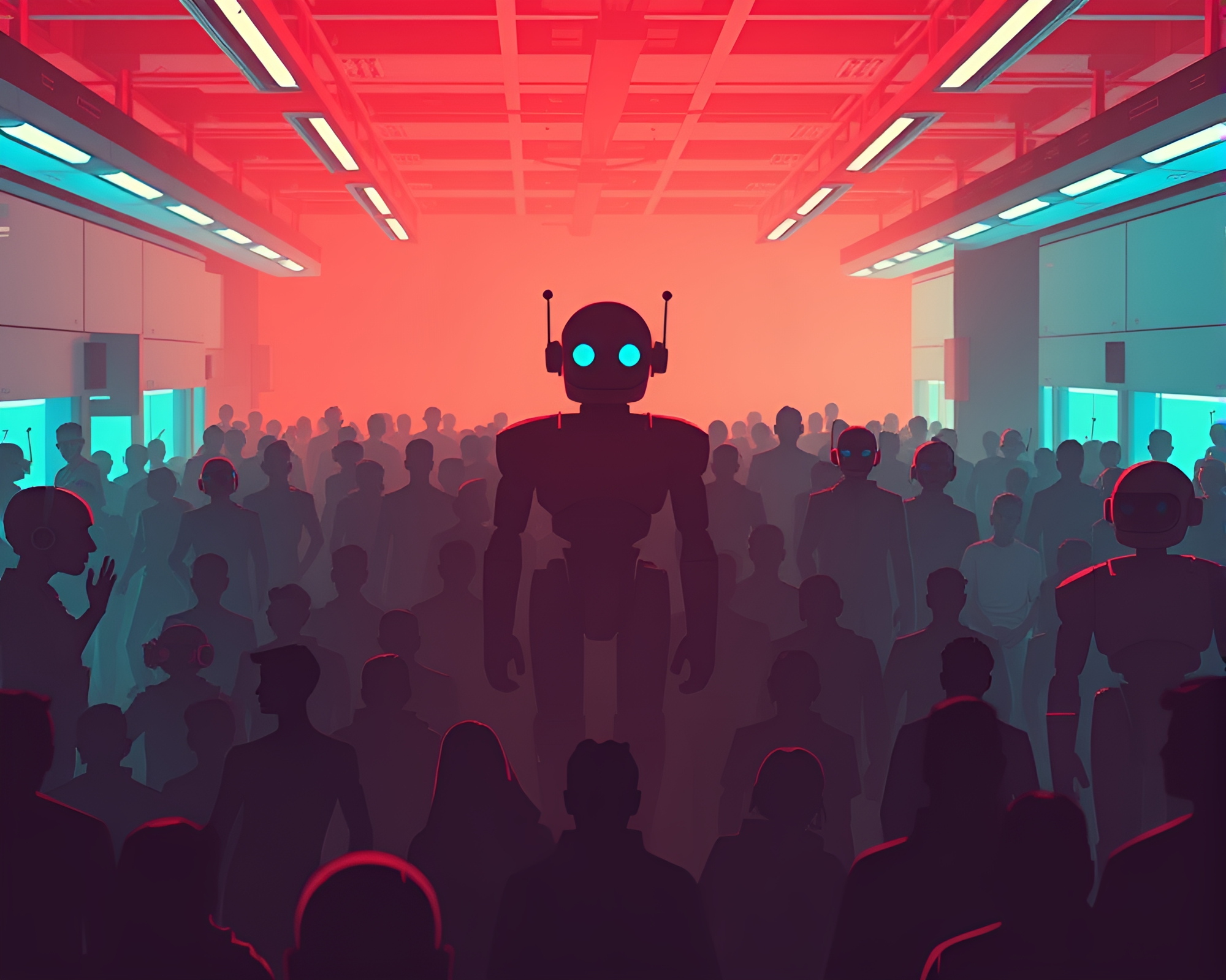 Silhouette Crowd in Retro Robotics Lab – free AI stock image