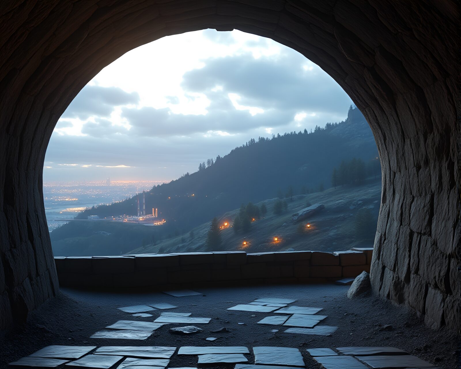 Surreal wireframe view of warm-lit bunker interior