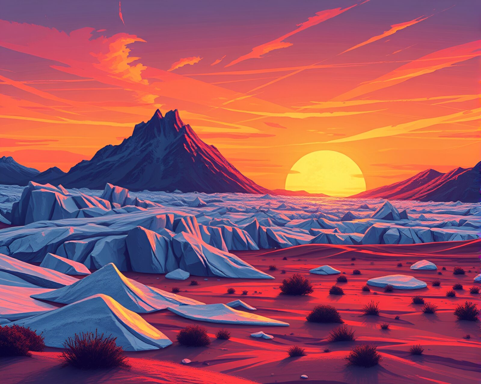 Colorful and textured glacier landscape at sunset