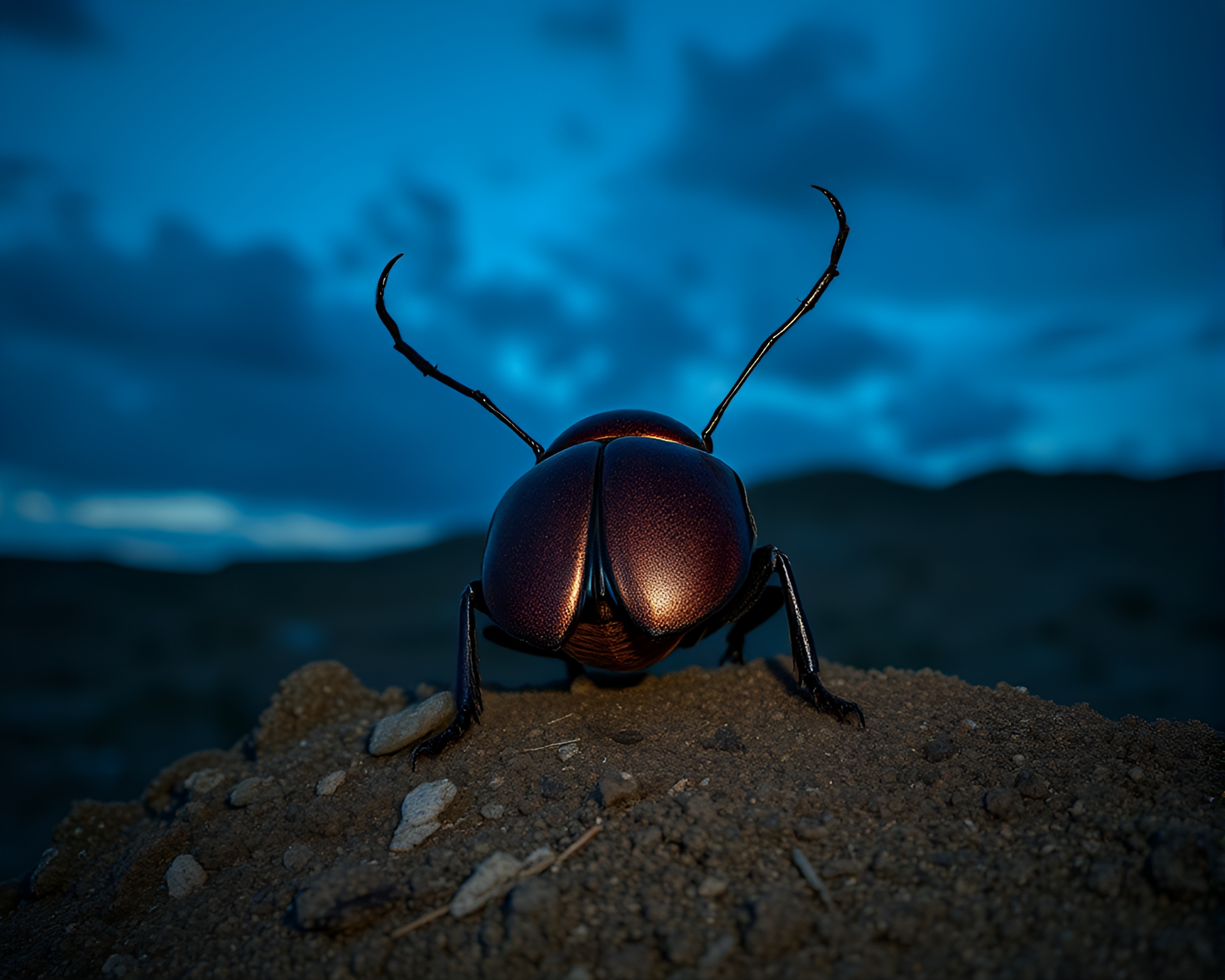 Majestic Beetle Emerging from Volcanic Ash at Blue Hour – free AI stock image