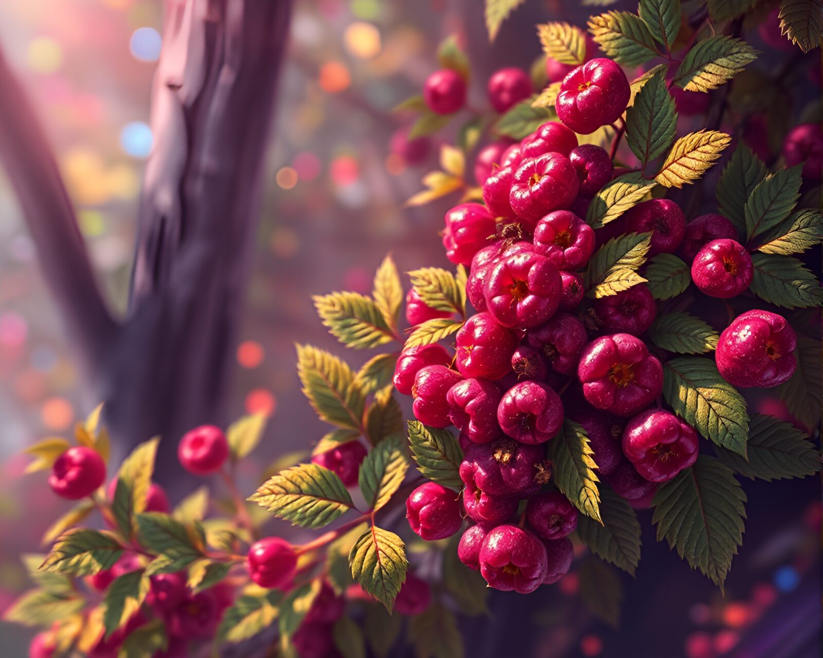 Fantasy illustration of a radiant raspberry bush on iridescent wood
