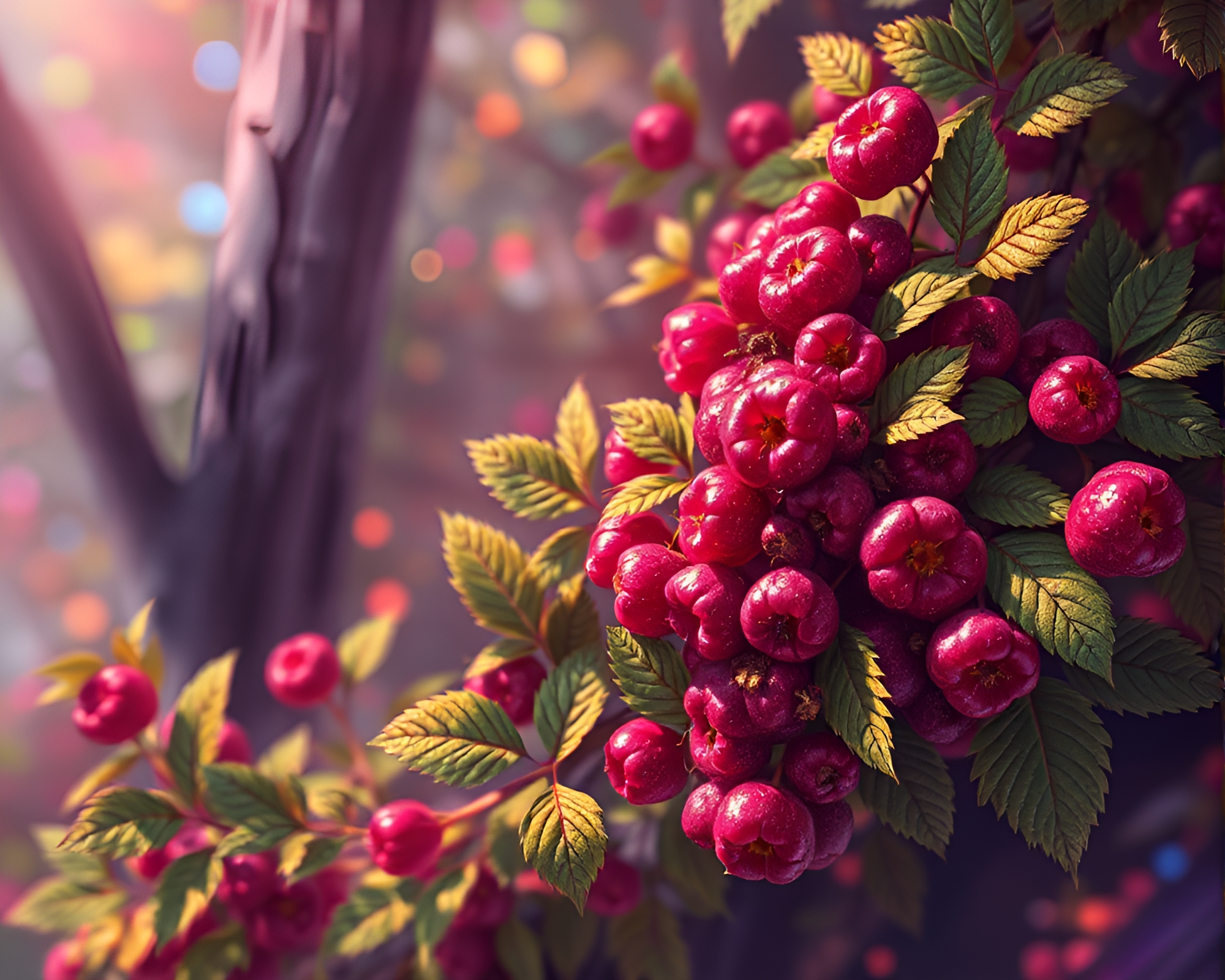 Enchanted Raspberry Bush with Iridescent Wood Grains – free AI stock image