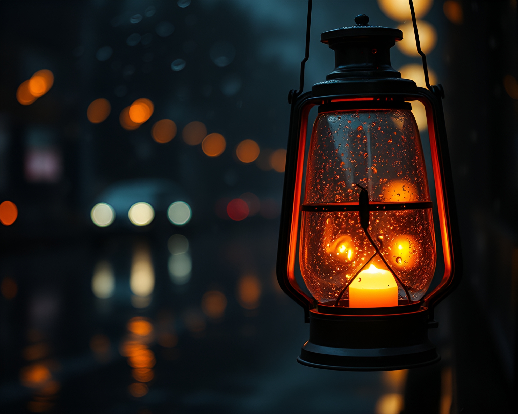 Glowing Embers Dance in Rainy Candlelit Lantern Scene – free AI stock image