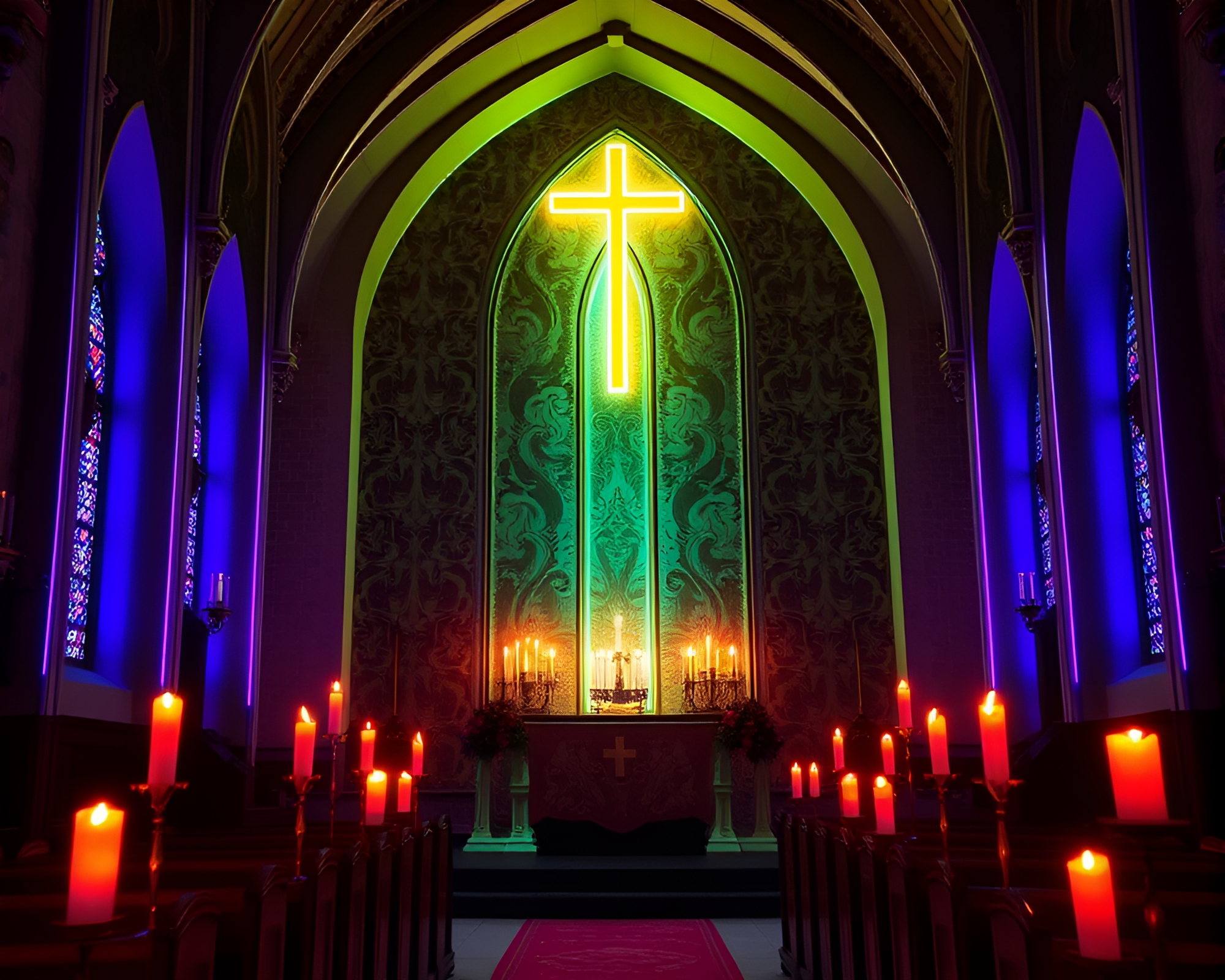 Neon Silk Kimono in LED Church Glow – free AI stock image
