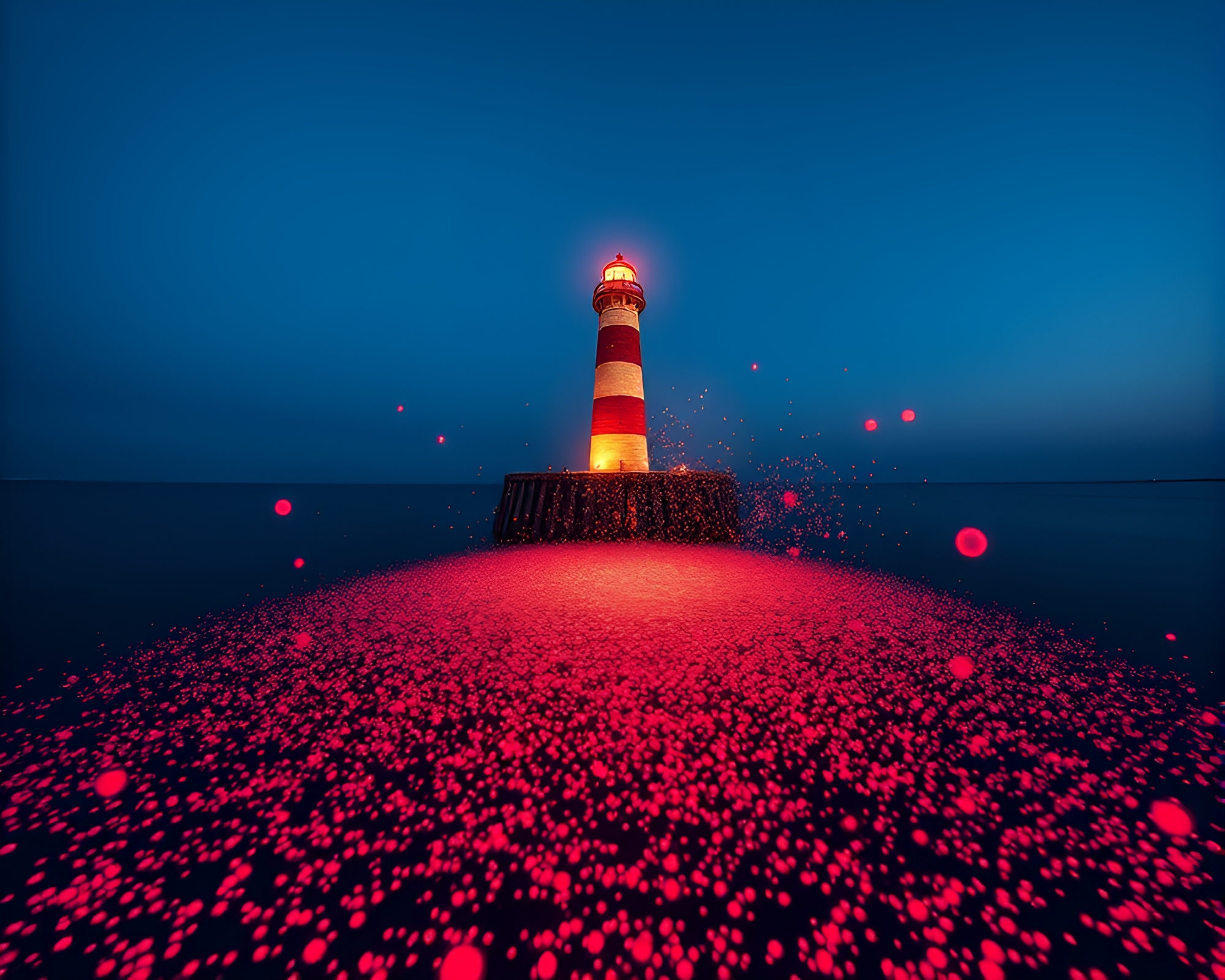 Lighthouse Beacon amidst Floating Red Particles – free AI stock image