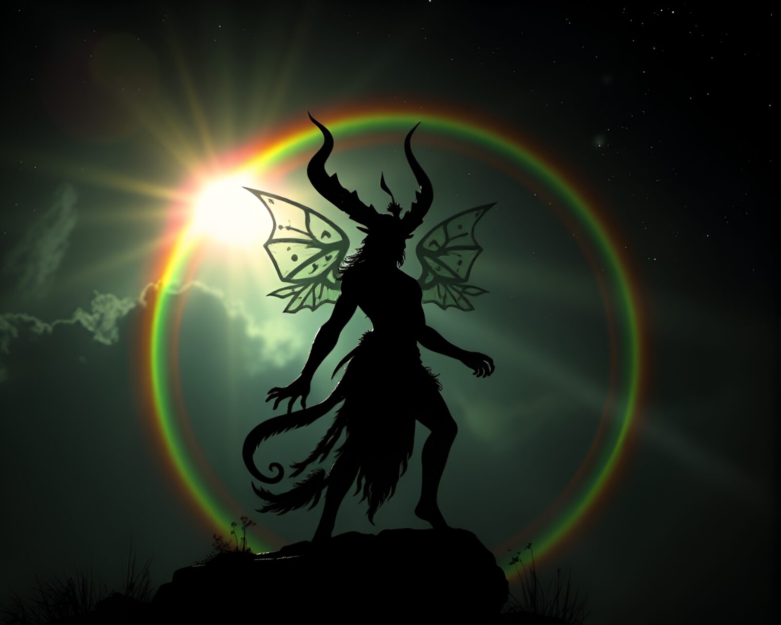 Backlit silhouette of a Djinn framed by cosmic rainbow