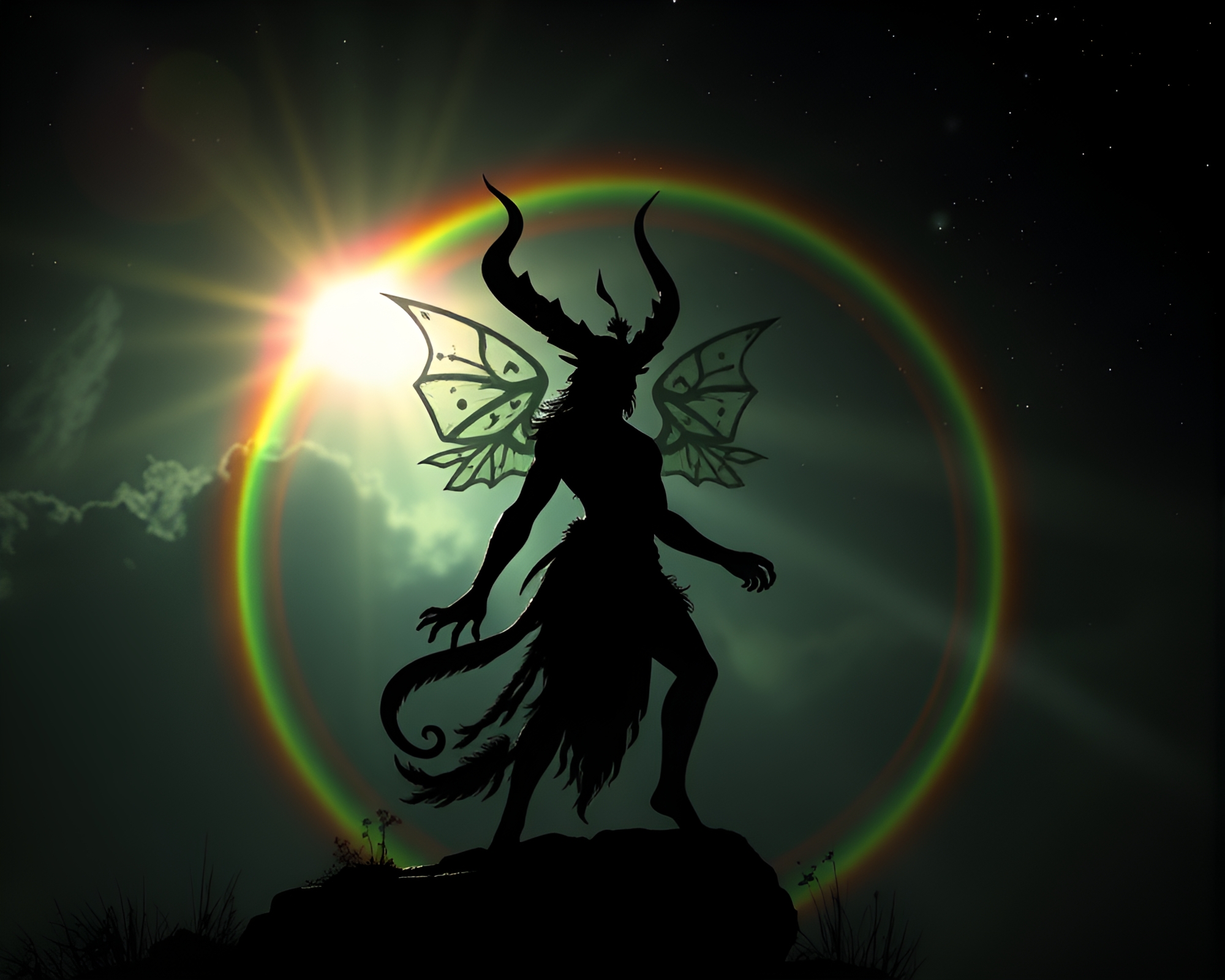Cosmic Rainbow Silhouette: Djinn Natural Frame – free AI stock image