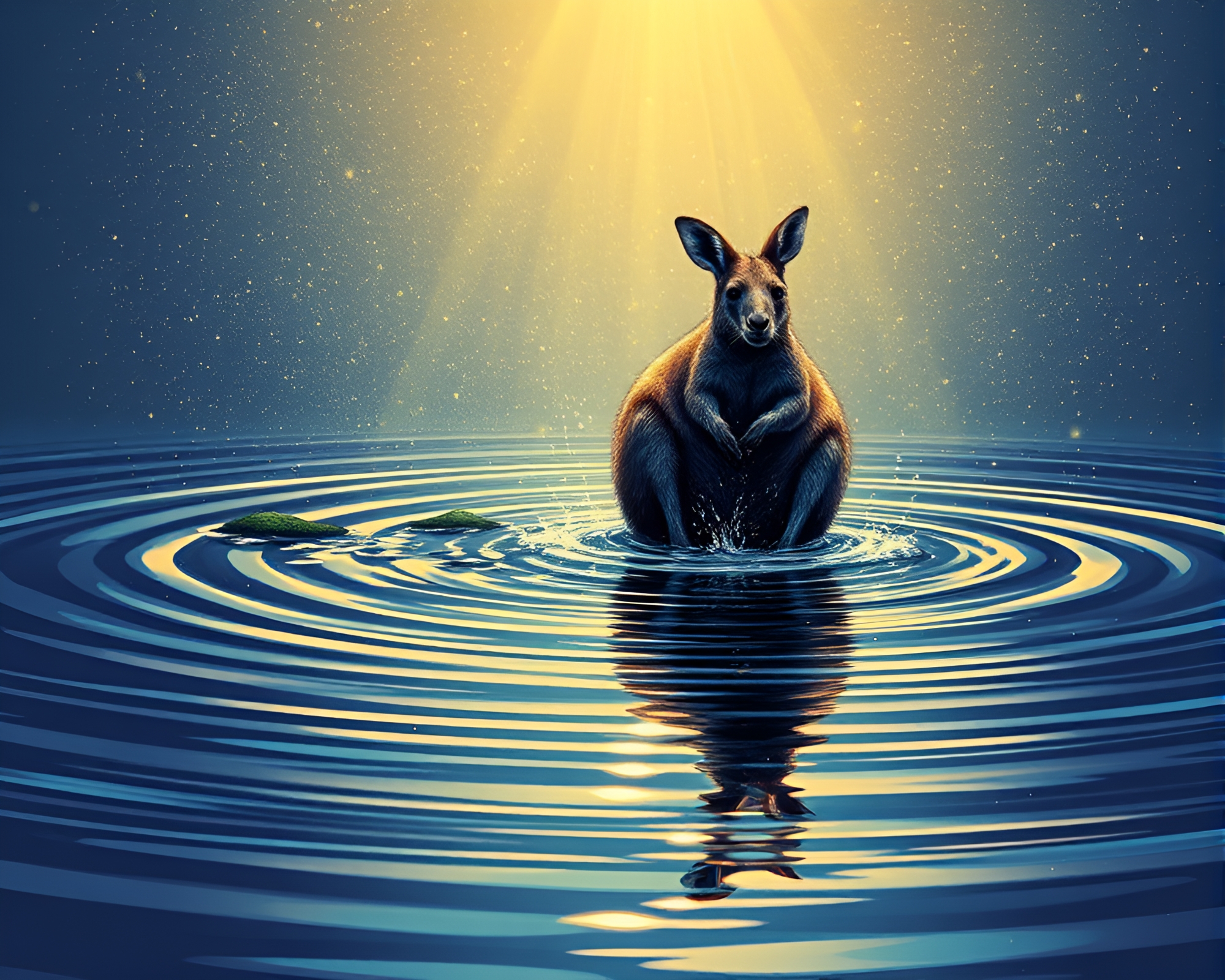 Stardust Kangaroo Reflecting in Comic Water Ripples – free AI stock image