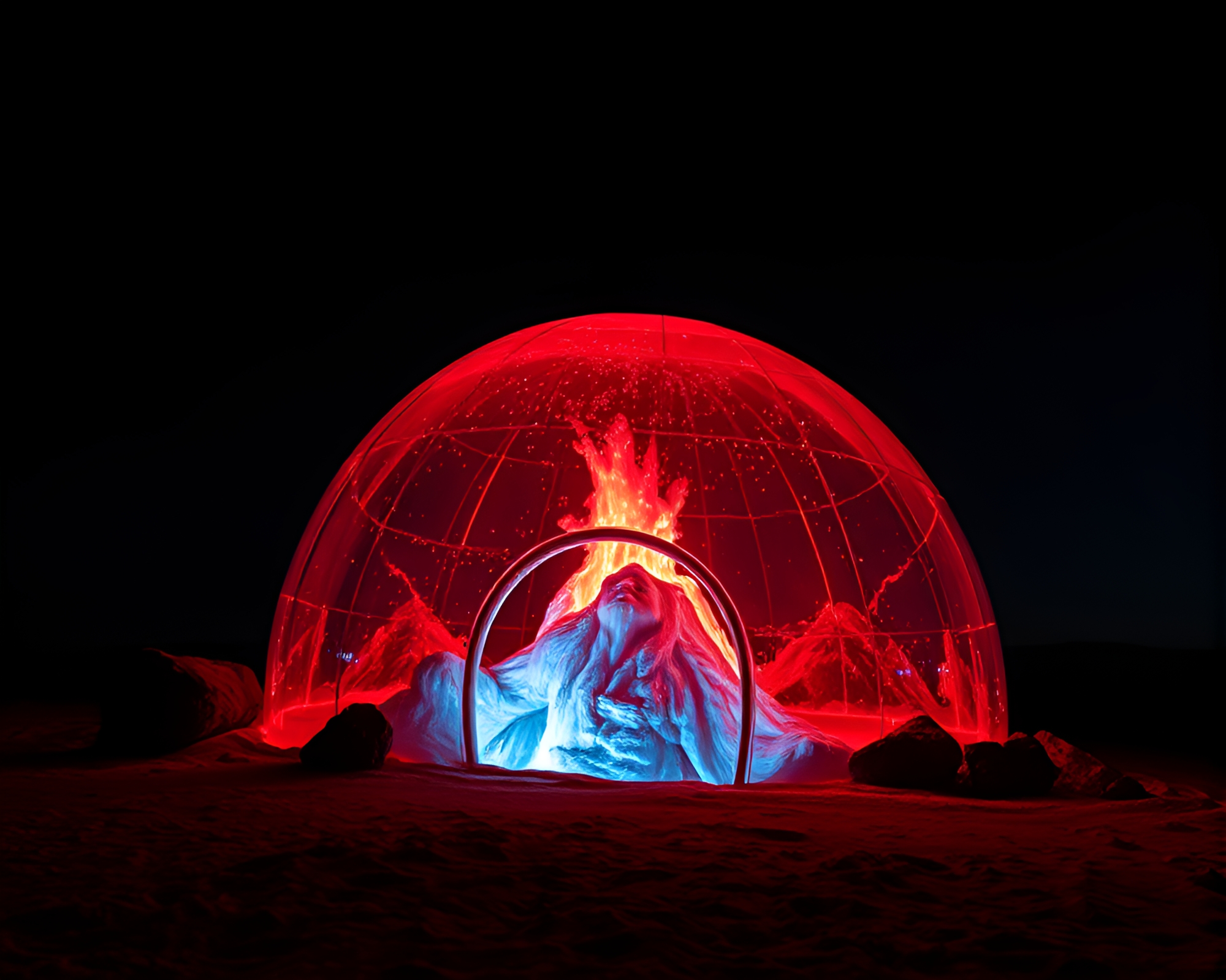 Glass igloo volcano double exposure – free AI stock image