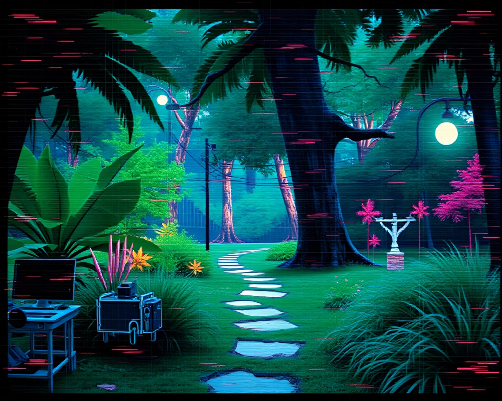 Surreal, retro-futuristic garden with glitchy VHS aesthetic and scratches