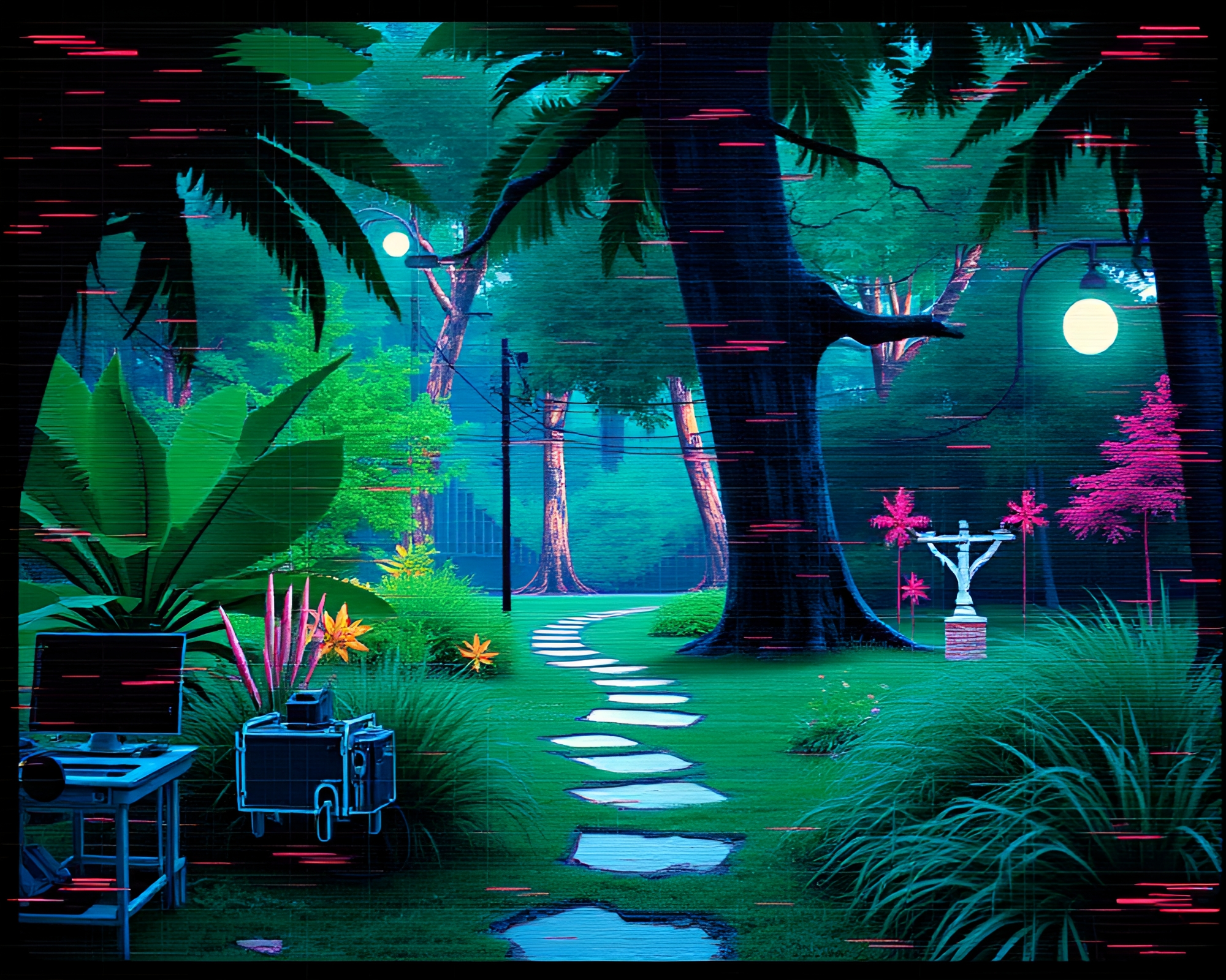 Retrowave Zen Garden with VHS Distortion Scratch Textures – free AI stock image