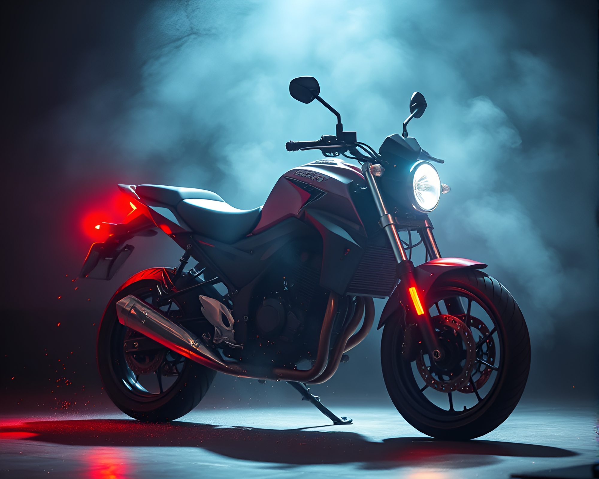 Neon Motorcycle in Spotlight Amidst Dust Particles – free AI stock image