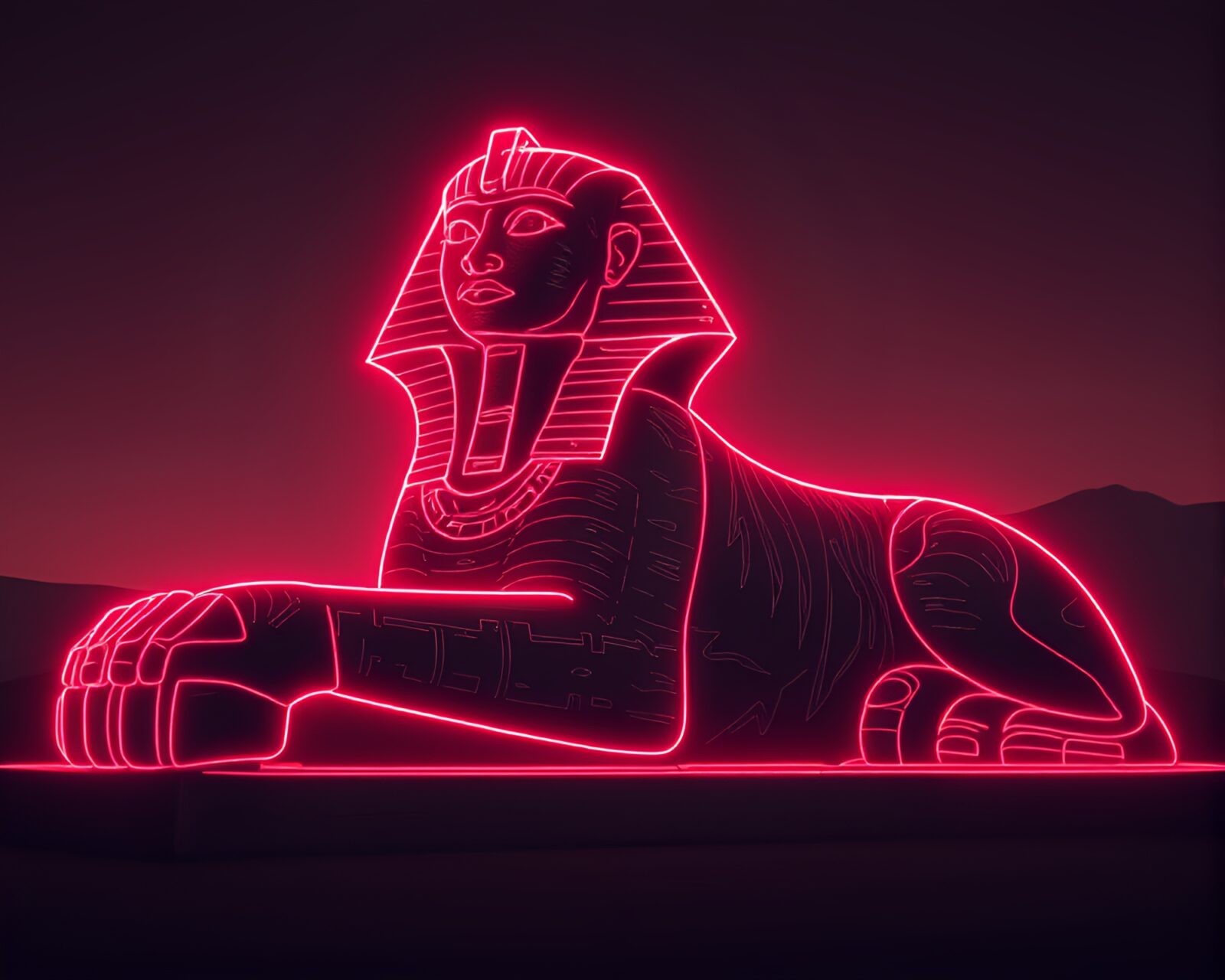 Sphinx statue in neon lighting with etching lines