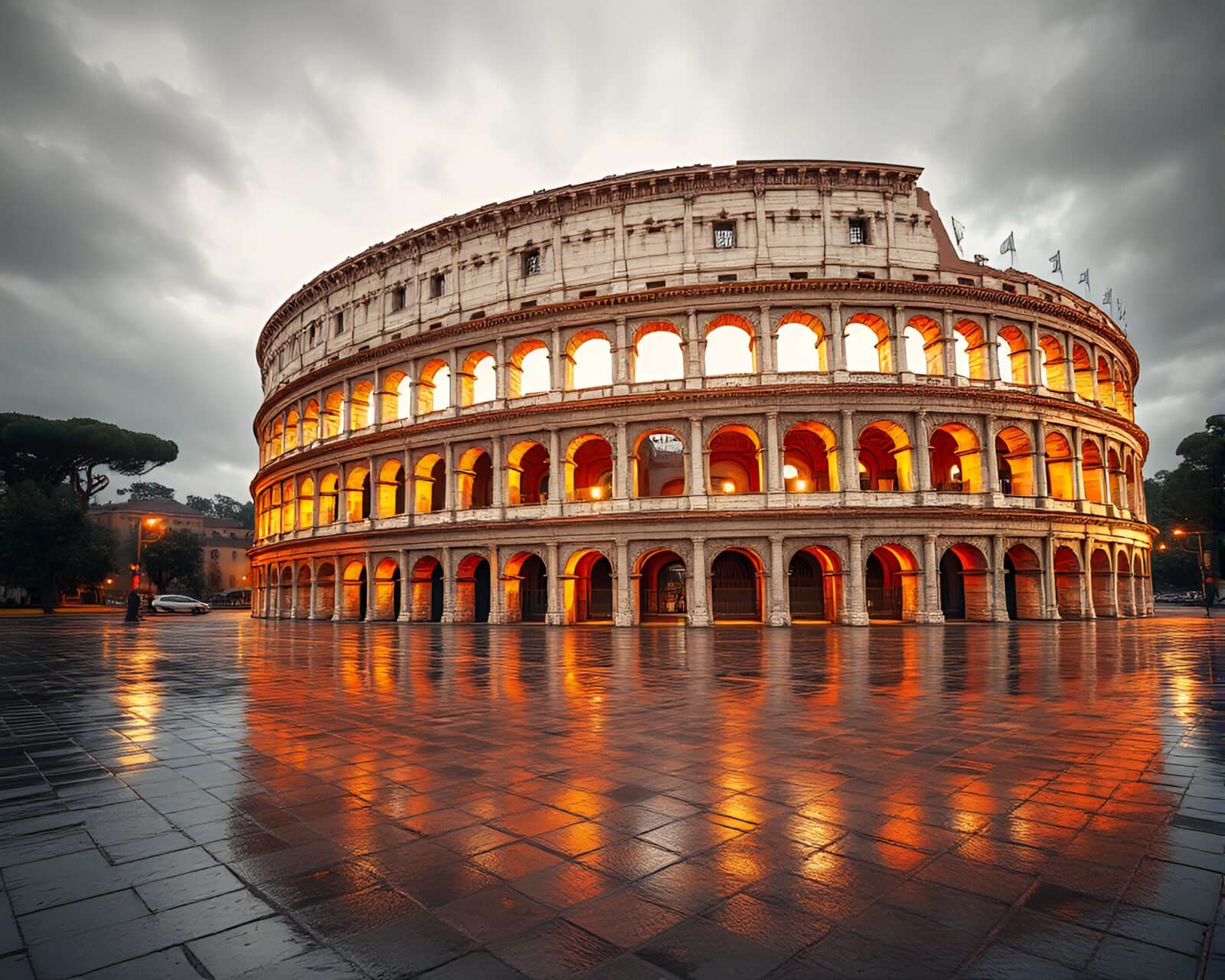 Low-poly 3D Roman coliseum under vibrant neon rain
