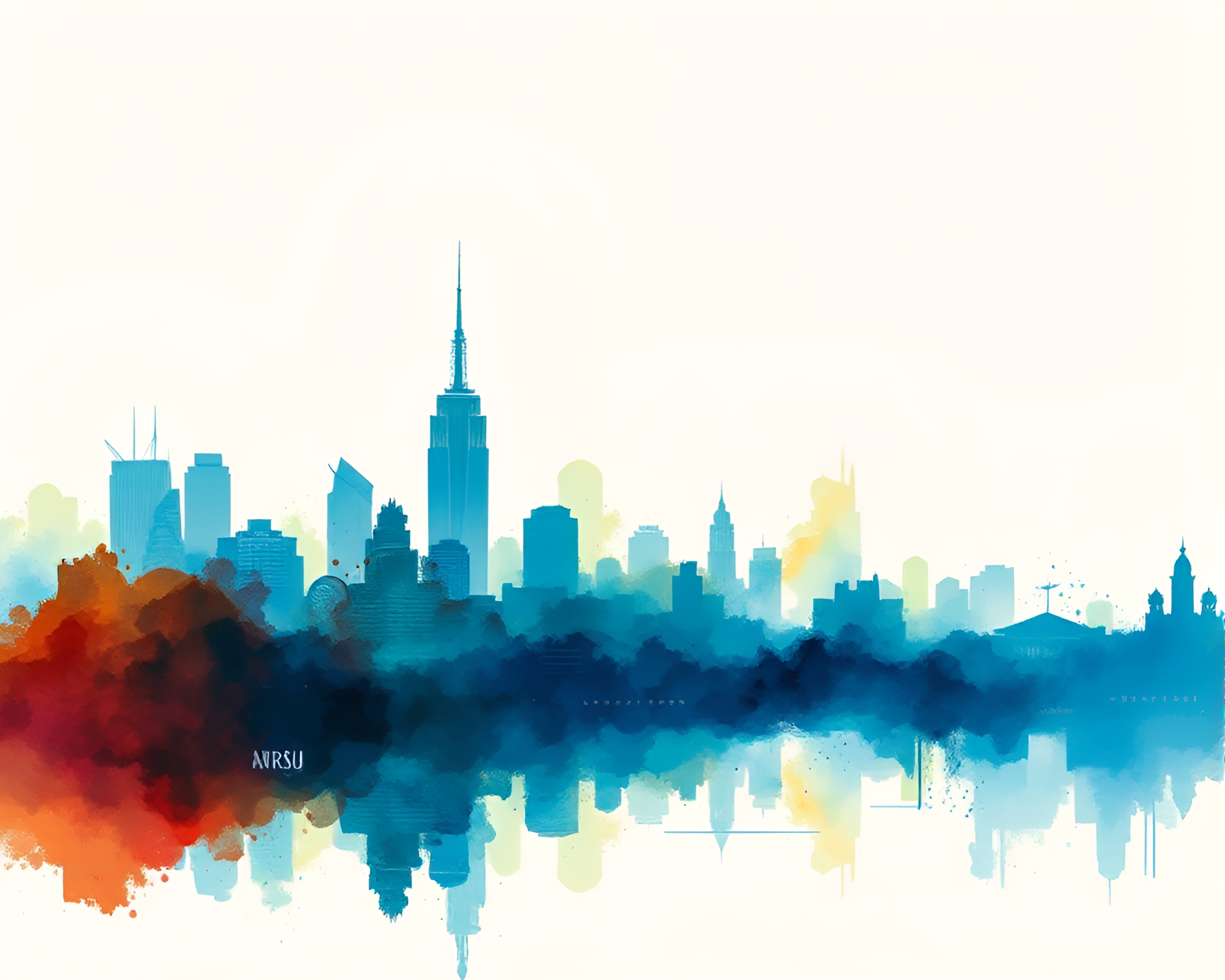 Virtual Cityscape: Sapphire Silhouette Ink Splashes – free AI stock image